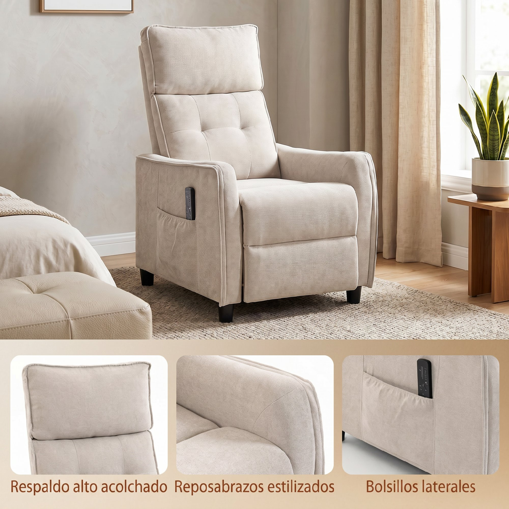 Un sillón reclinable beige con un control remoto en su bolsillo lateral.