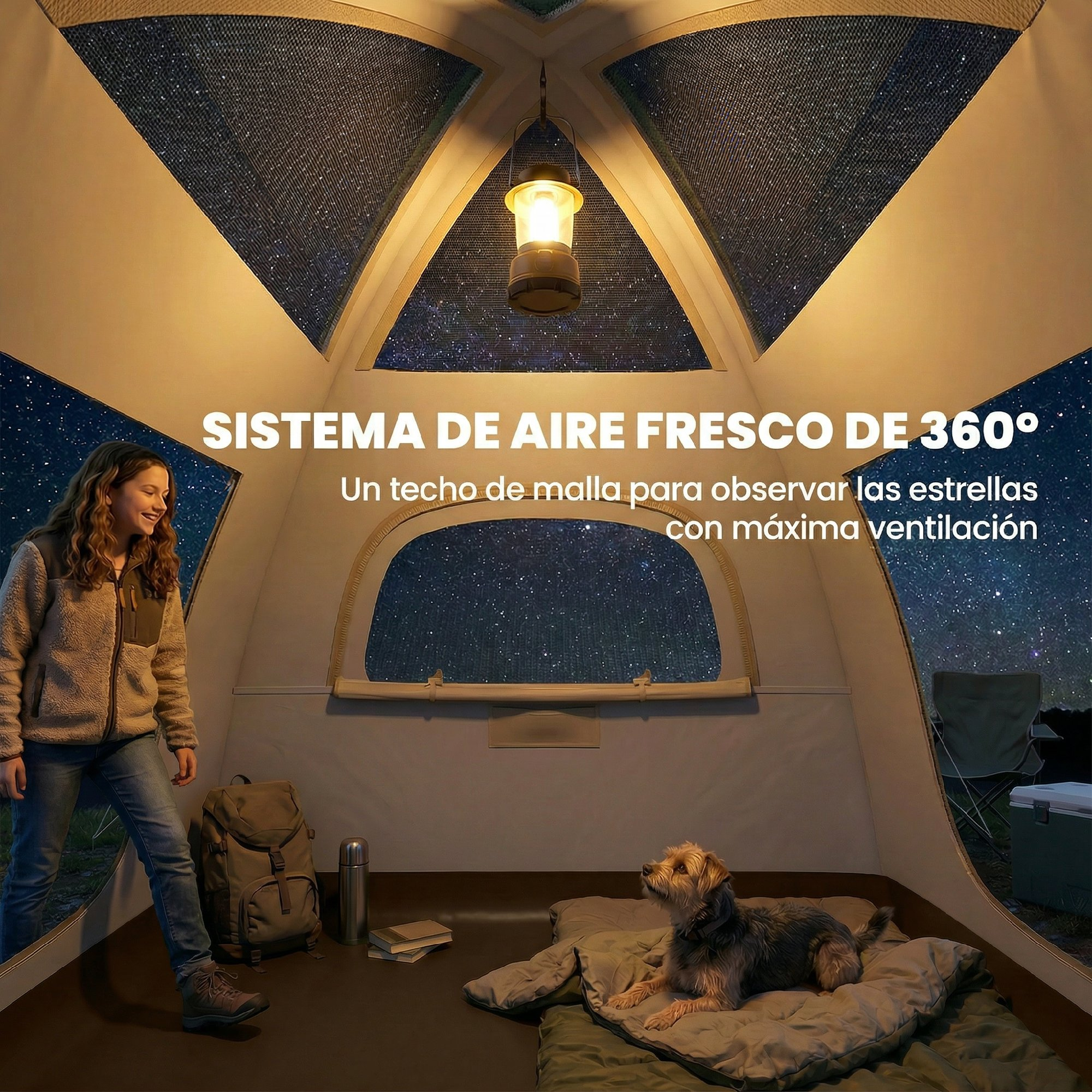 Chica junto a mochila en tienda de cúpula estelar con perro en saco de dormir.