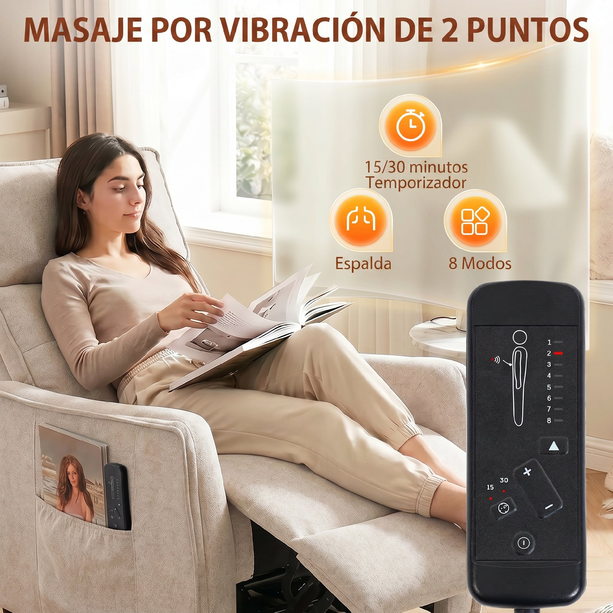 Mujer relajándose en un sillón reclinable, leyendo un libro y sosteniendo un control.