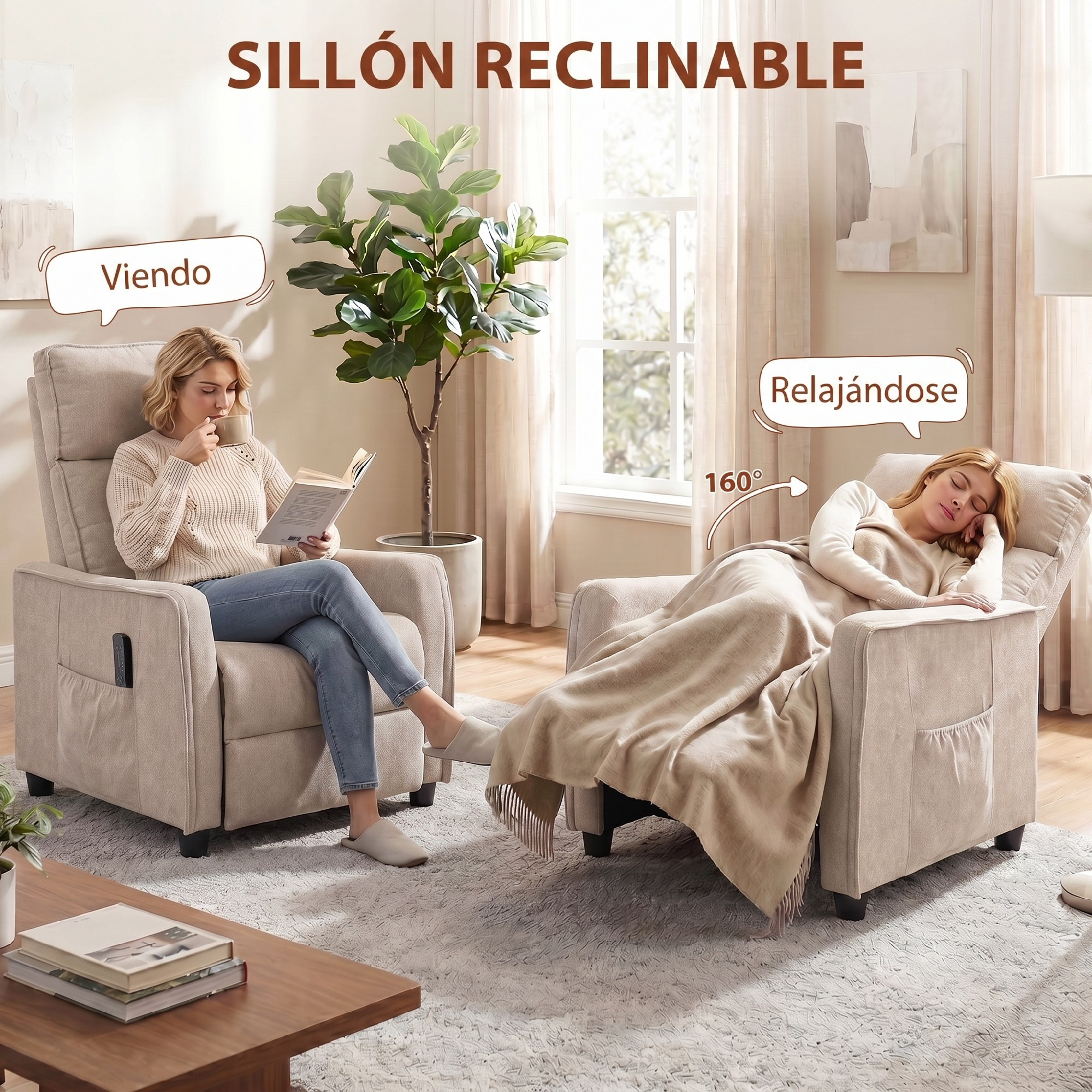 Una mujer lee un libro sentada en un sillón reclinable beige claro. Otra mujer duerme en un sillón.