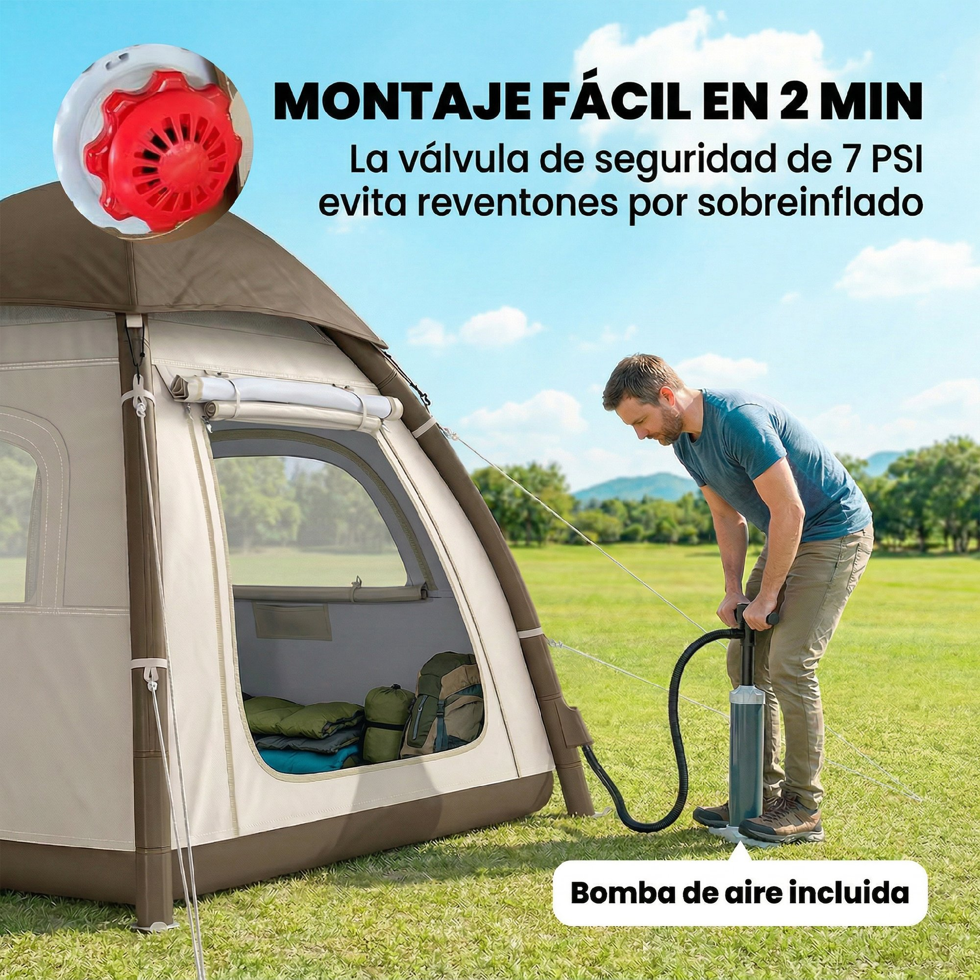 Hombre infla una carpa marrón, equipo de camping adentro, cielo azul.