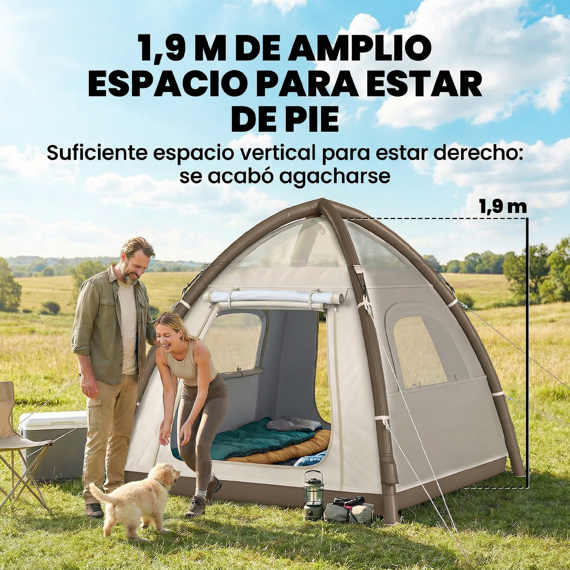 Un hombre y una mujer están junto a una carpa inflable con un perro. Altura 1,9m.