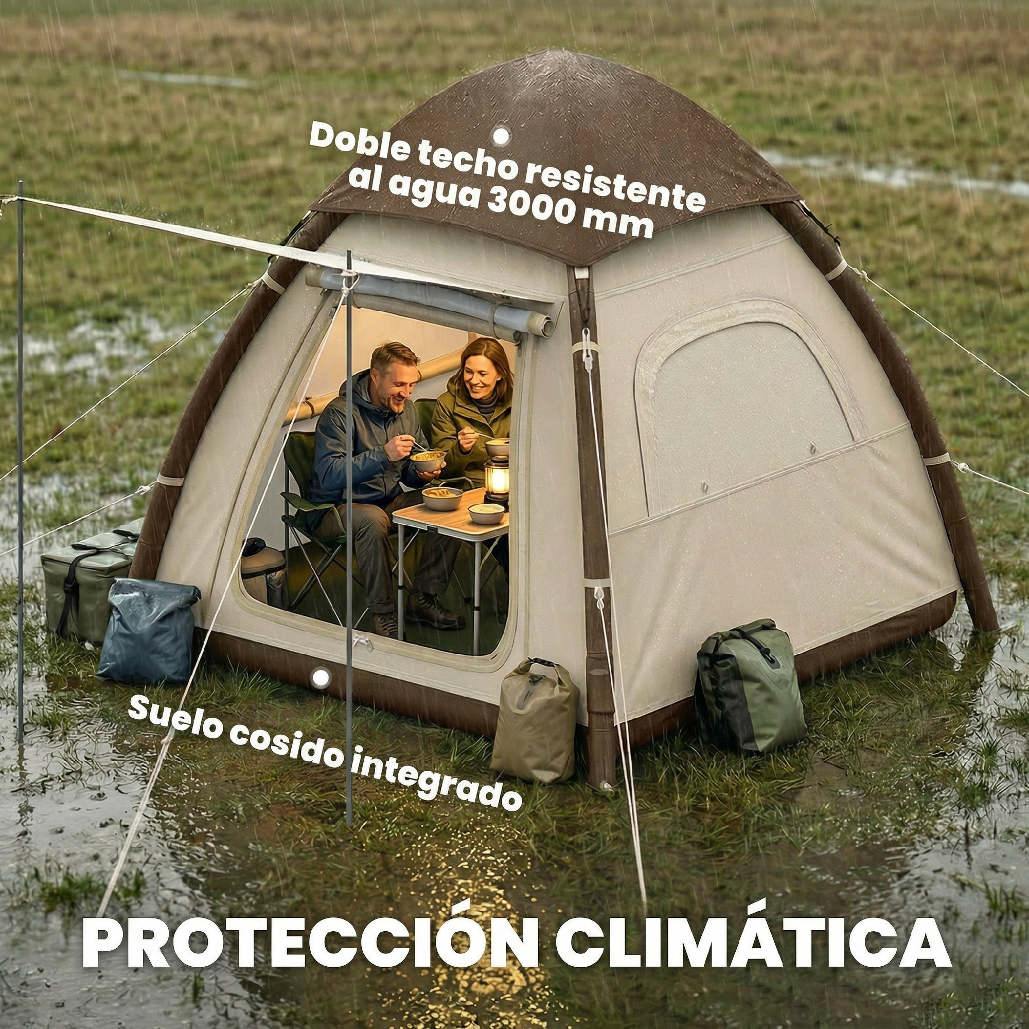 Una pareja come dentro de una tienda beige mientras llueve afuera.