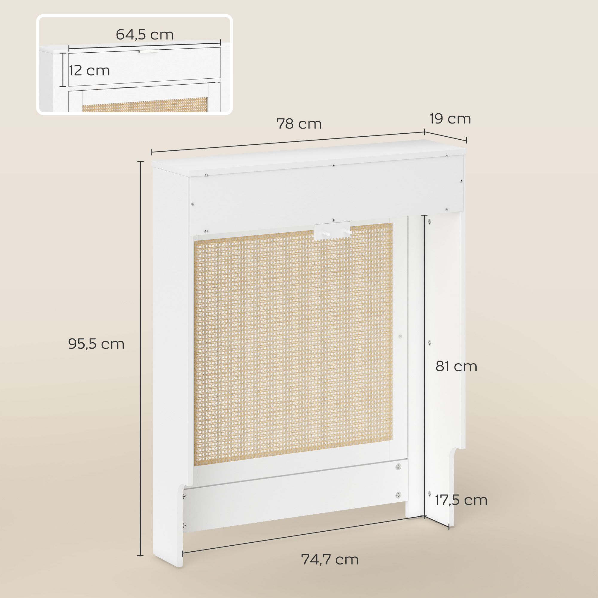 Mesita de noche blanca con detalle de ratán y dimensiones.