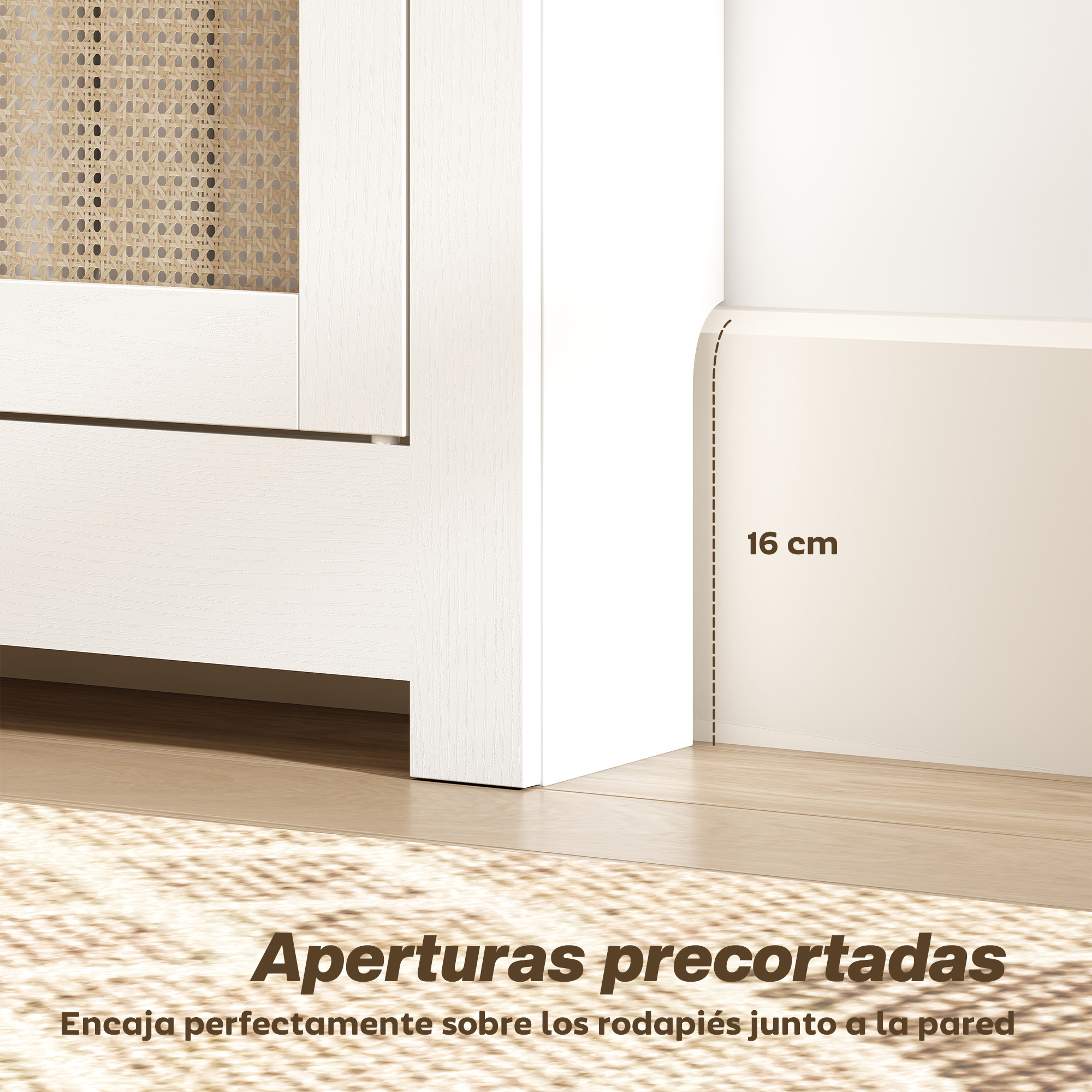 Frente de mueble blanco con detalle de ratán e indicador de 16 cm.