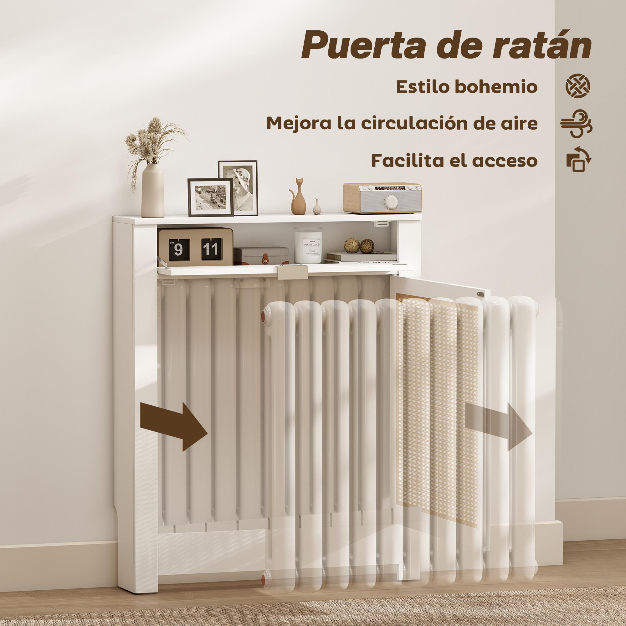 Un mueble blanco con puerta abierta que revela un radiador. Decorado con cuadros y jarrón.