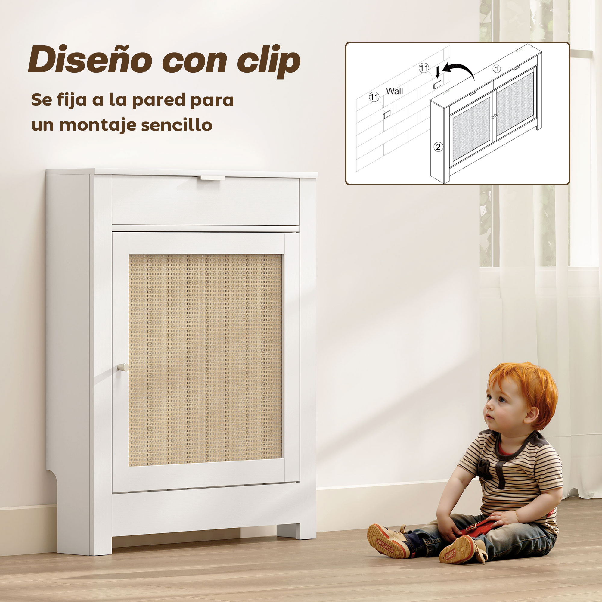 Un niño pequeño se sienta en un suelo de madera junto a un armario blanco con puerta de caña. Ilustración de montaje en pared.