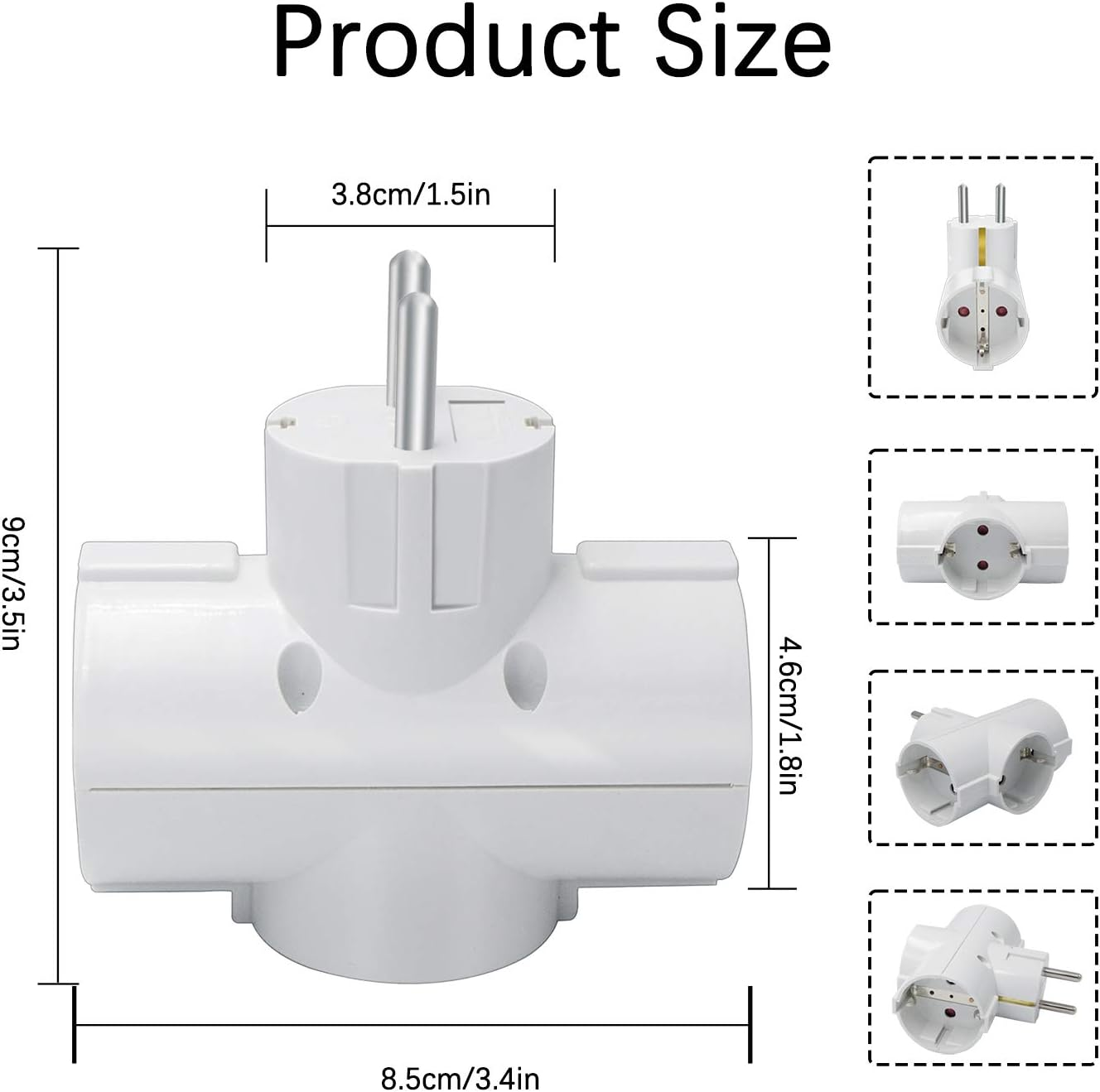 Weißer Mehrfachsteckdosenadapter mit Maßen. Verfügt über drei Steckdosen und zwei Stifte.