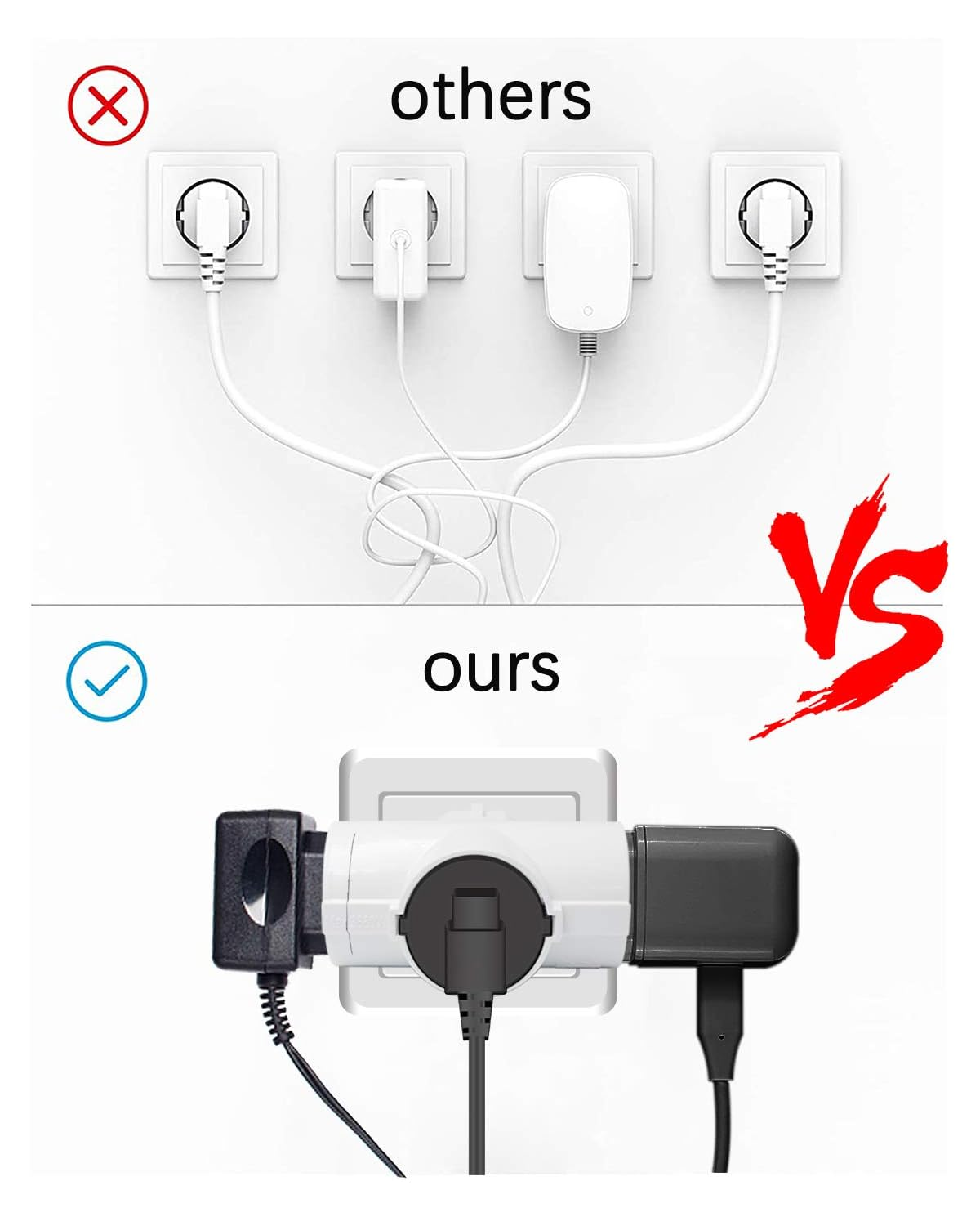 Oben: Mehrere Stecker mit Kabelgewirr. Unten: Kompakter Adapter mit drei Anschlüssen.