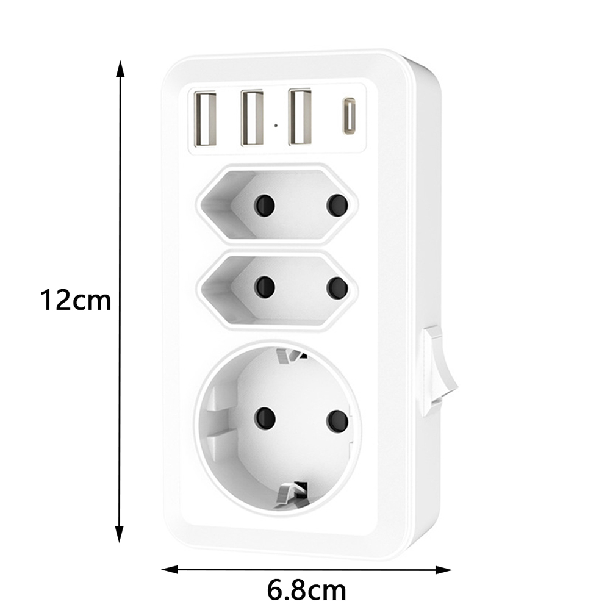 Weißer Mehrfachsteckdosenadapter mit 3 USB-Anschlüssen, 2 Steckdosen und Schalter.