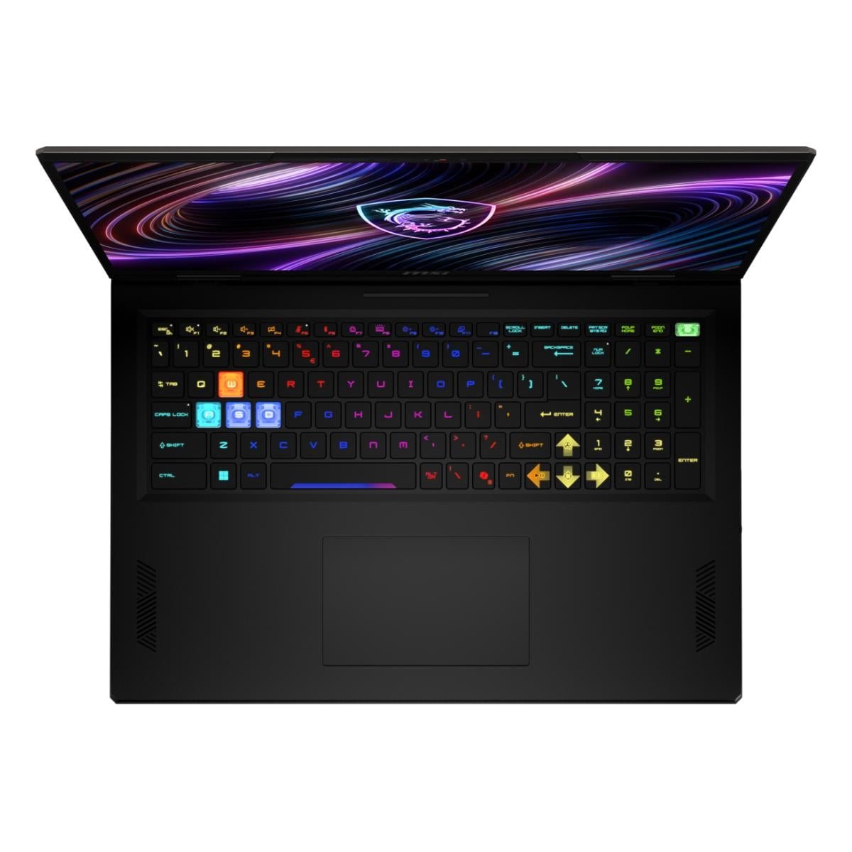 Ein geöffneter schwarzer Laptop mit beleuchteter Tastatur und einem animierten Hintergrundbild.