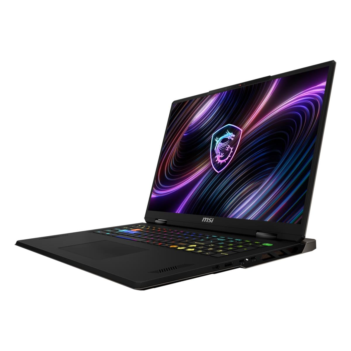Schwarzer MSI-Laptop mit beleuchteter Tastatur und Drachenlogo auf dem Bildschirm.