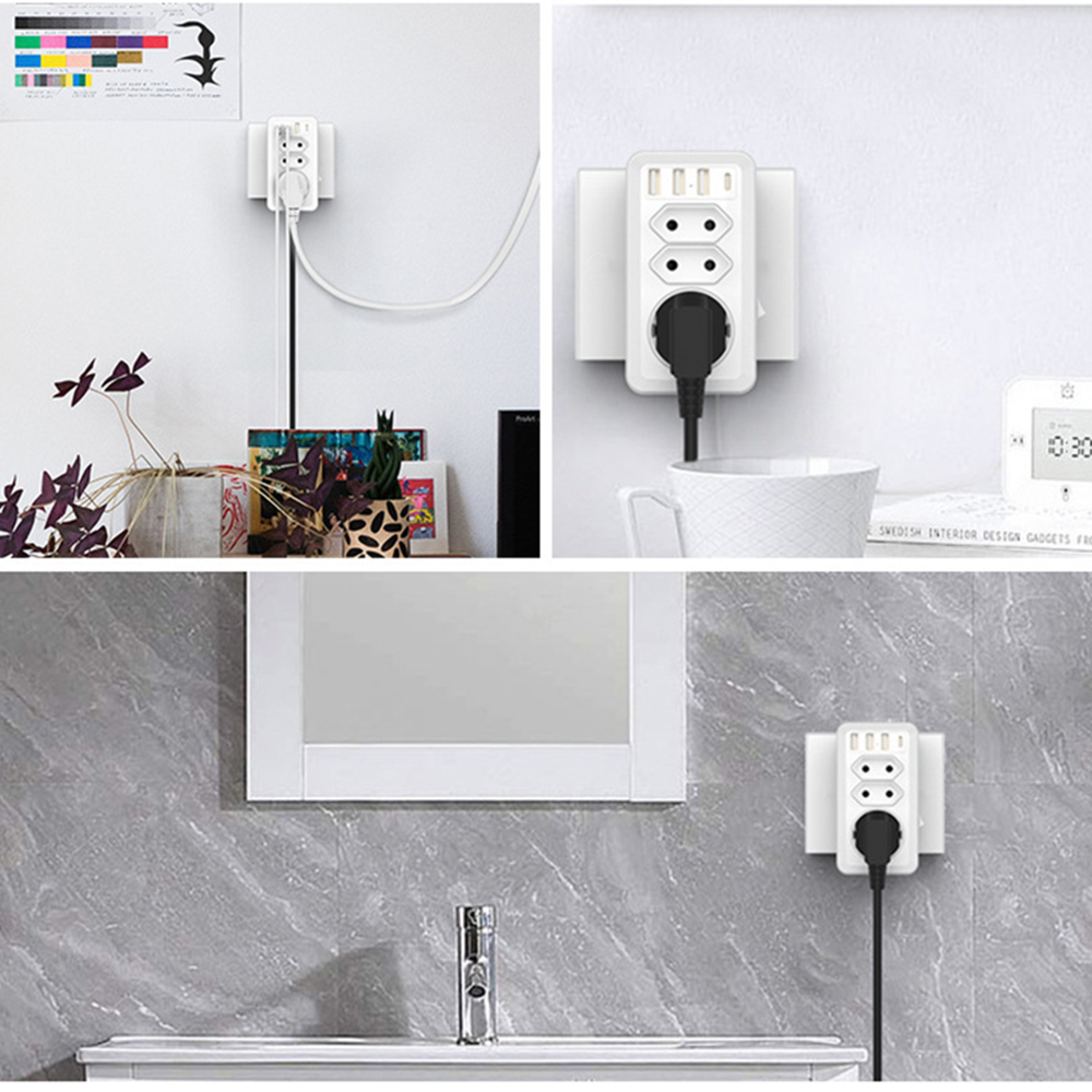 Weiße Steckdosenleiste mit 3 USB-Anschlüssen & 2 Steckdosen, in Wand eingesteckt.