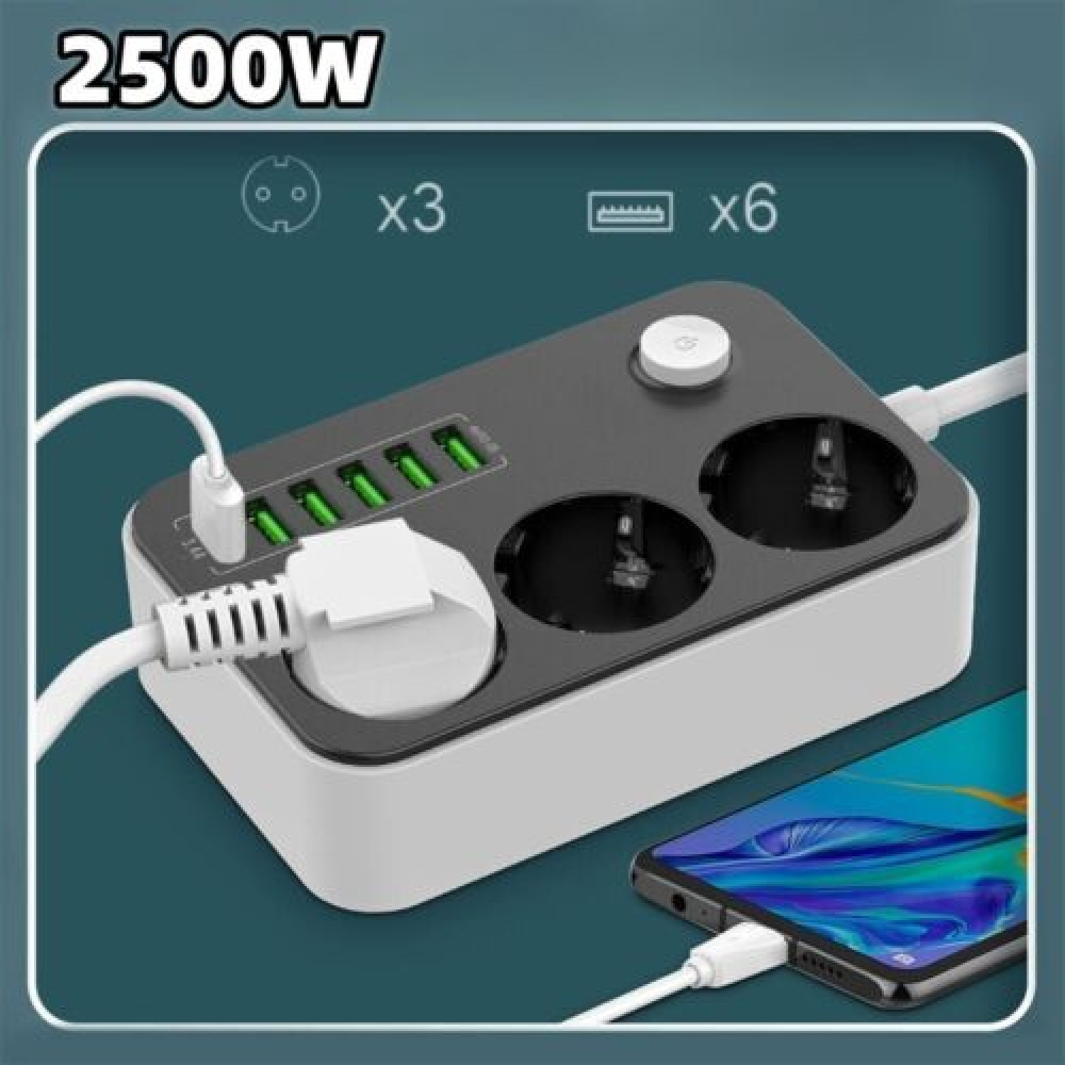2500W-Mehrfachsteckdose mit 3 Steckdosen und 6 USB-Anschlüssen lädt ein Handy.