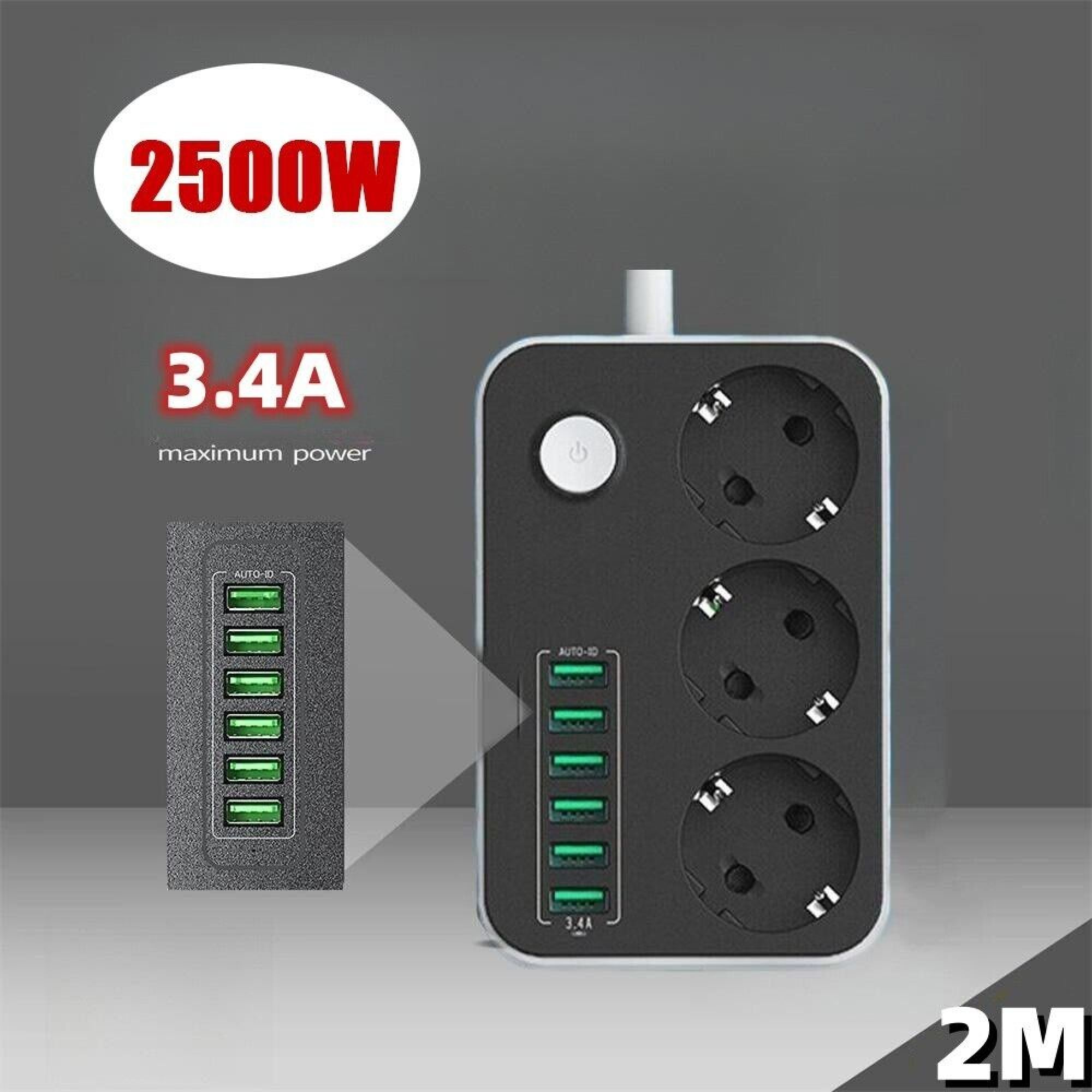 Ein schwarzer Mehrfachstecker mit sechs USB-Anschlüssen und drei Steckdosen.