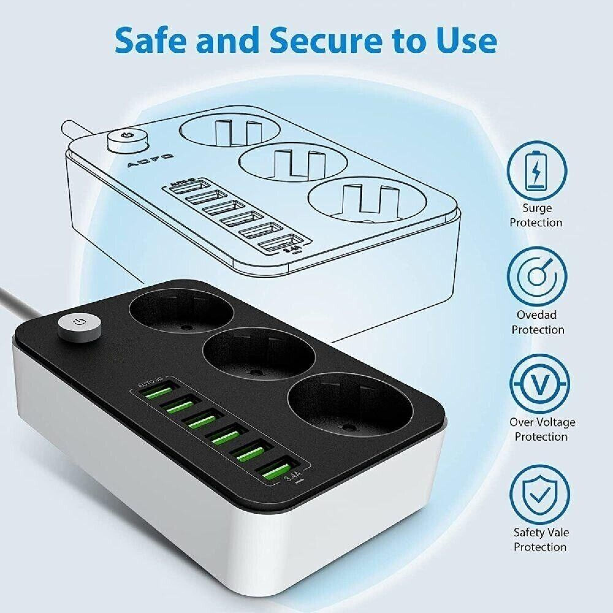 Schwarzer Mehrfachsteckdosenadapter mit 3 Steckdosen und 6 USB-Anschlüssen.