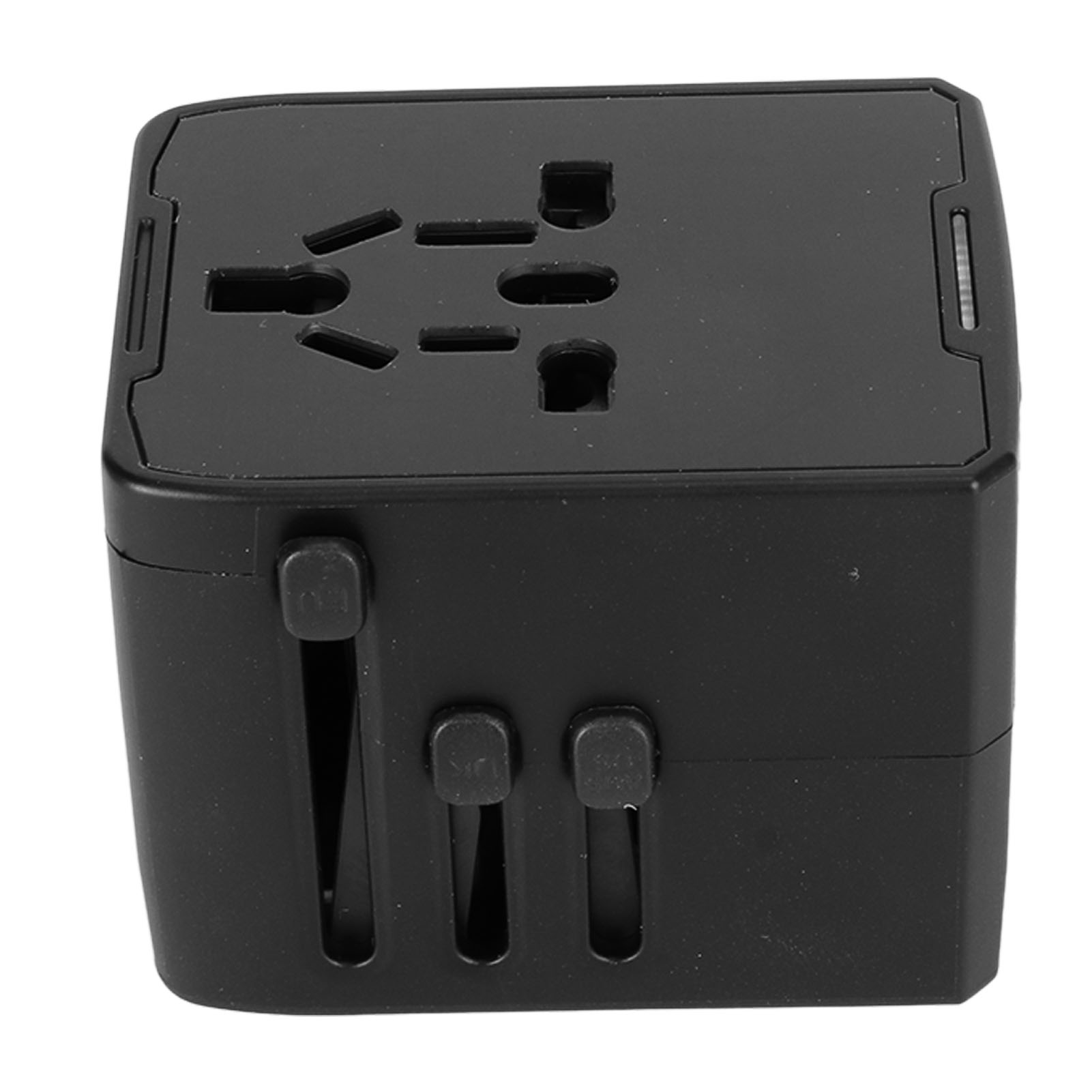 Ein schwarzer Universaladapter mit verschiedenen Steckdosenöffnungen und ausziehbaren Stiften.