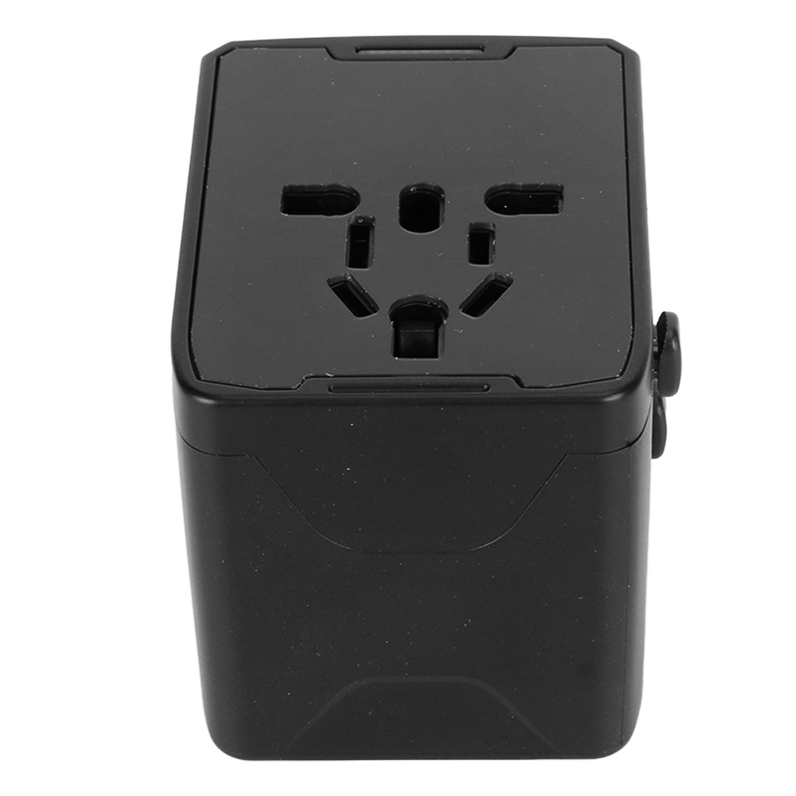Schwarzer Reiseadapter mit mehreren Steckdosen und einem Schalter an der Seite.