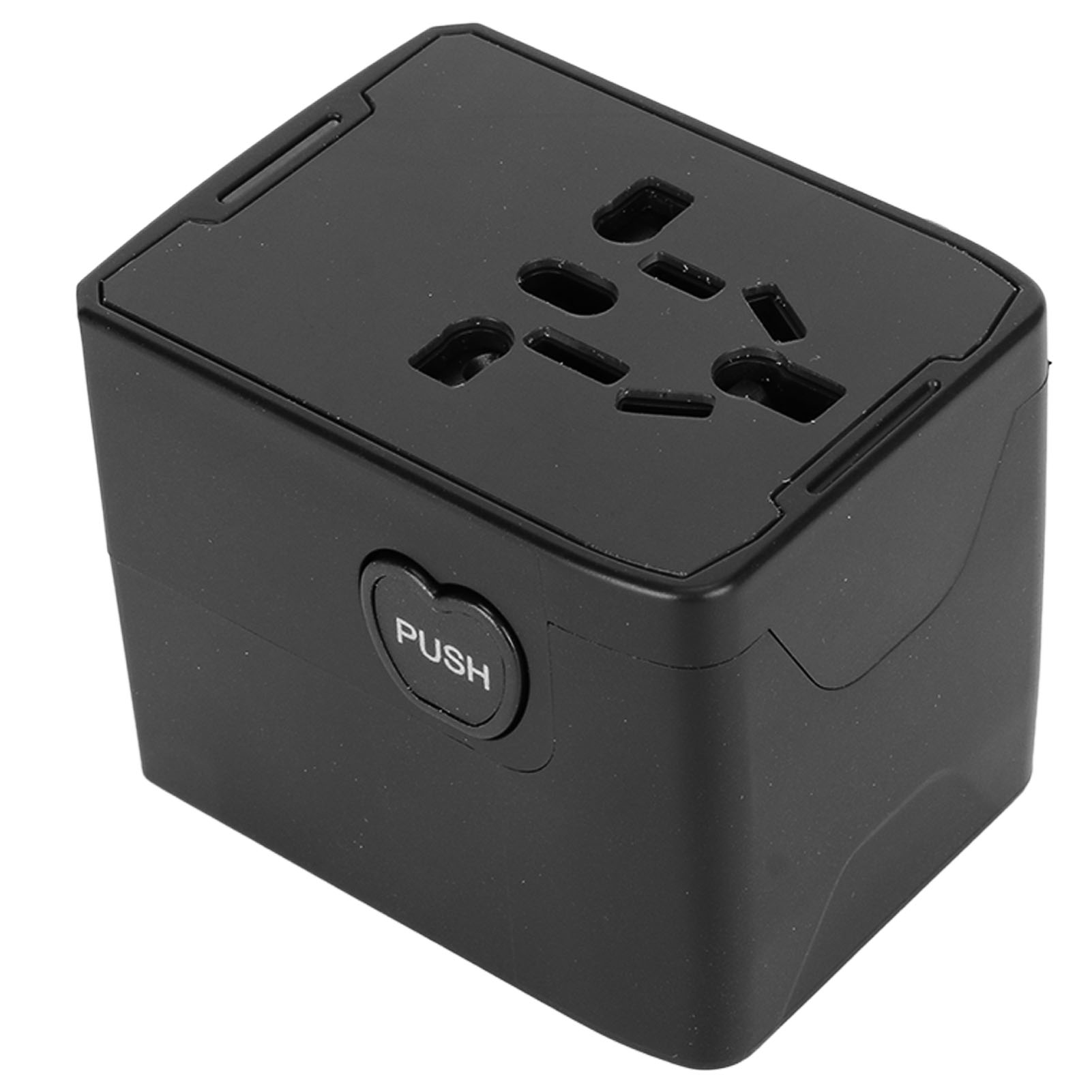 Ein schwarzer Universaladapter mit Push-Taste und mehreren Steckdosenöffnungen.