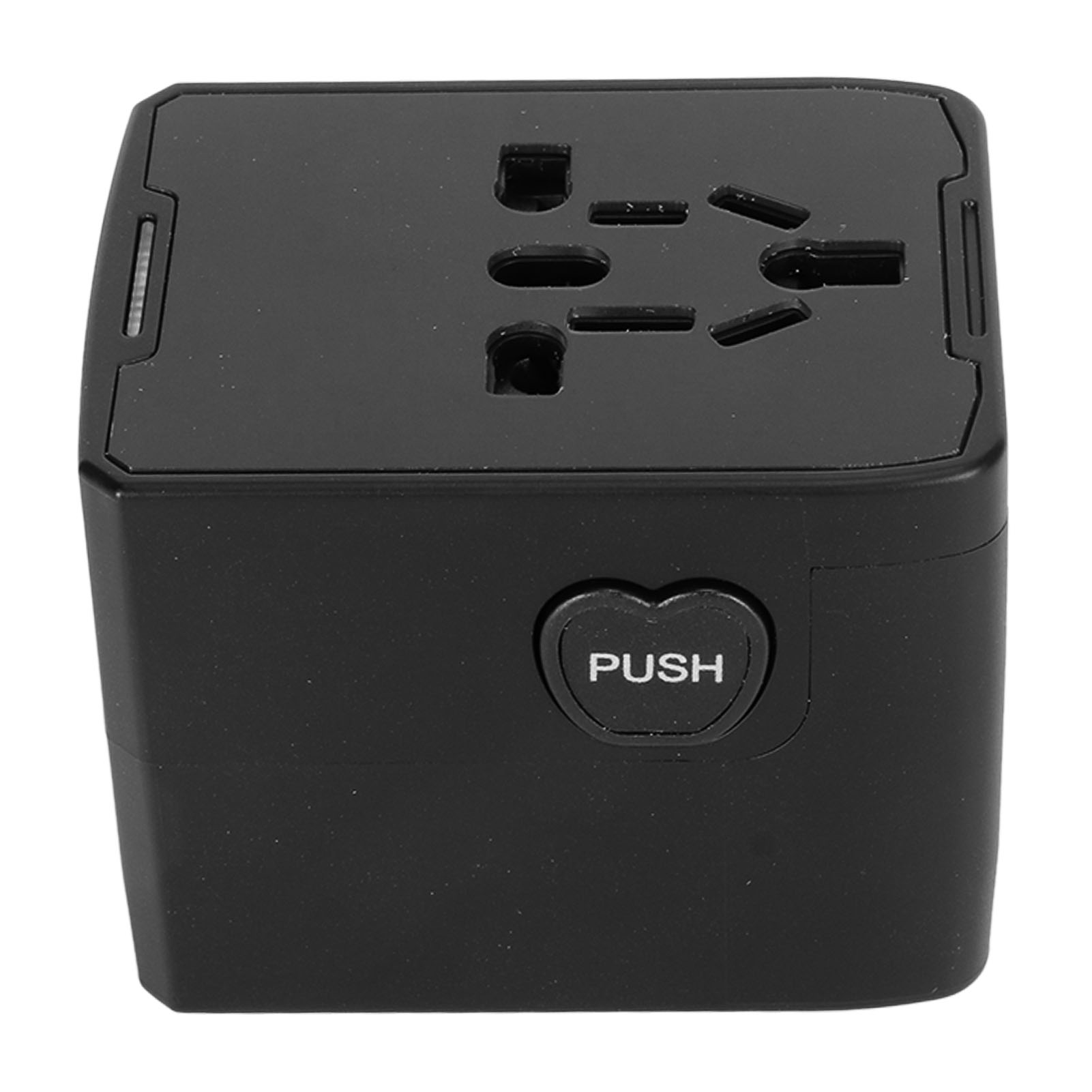 Ein schwarzer Universaladapter mit mehreren Steckdosenöffnungen und einer Push-Taste.