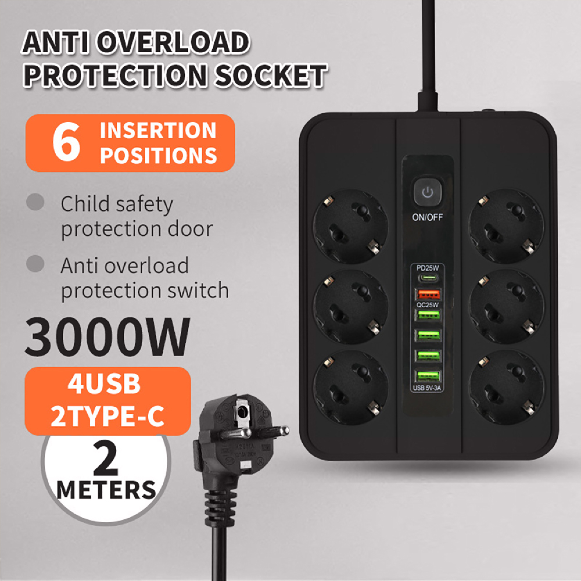 Schwarze Steckdosenleiste mit 6 Steckplätzen, 4 USB, 2 Typ-C, 2m Kabel.