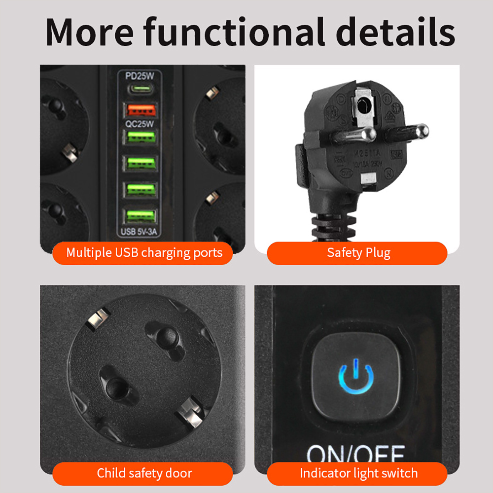 Mehrere USB-Ladeanschlüsse, Stecker, Kindersicherung, Ein/Aus-Anzeige.