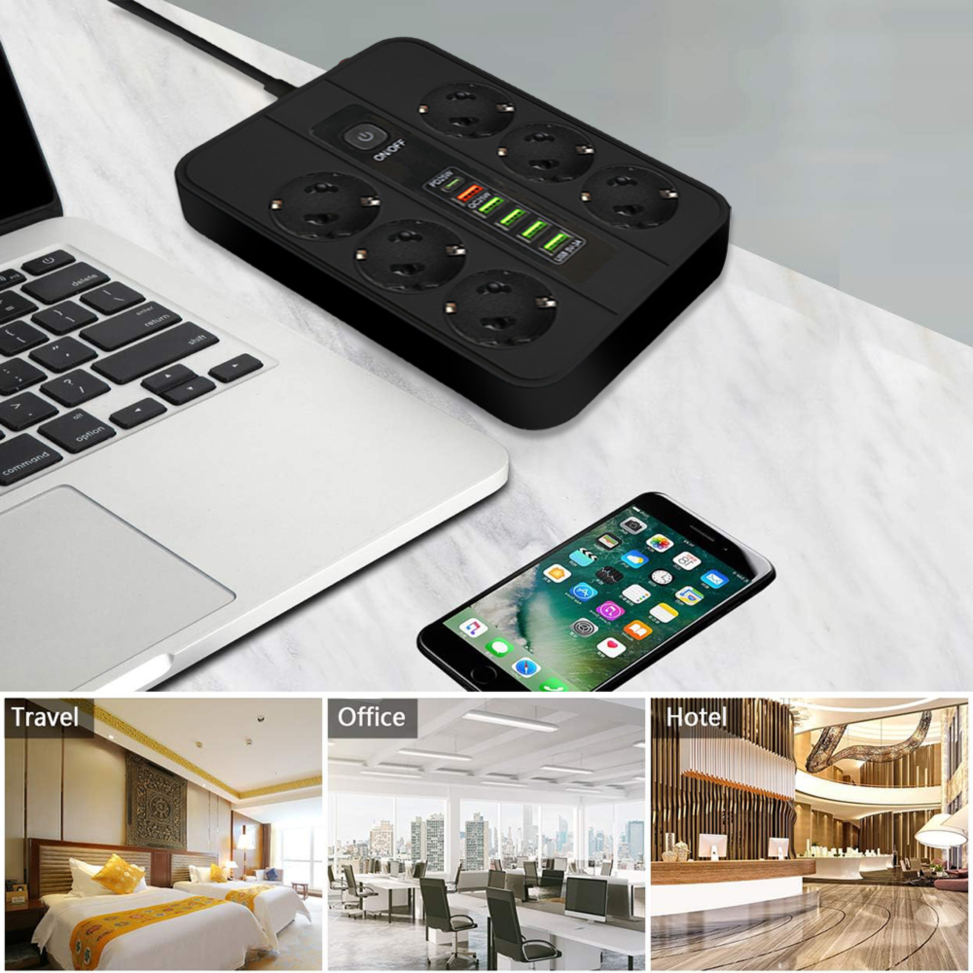Schwarzes Netzteil mit Laptop, Handy und drei Szenen: Reise, Büro, Hotel.