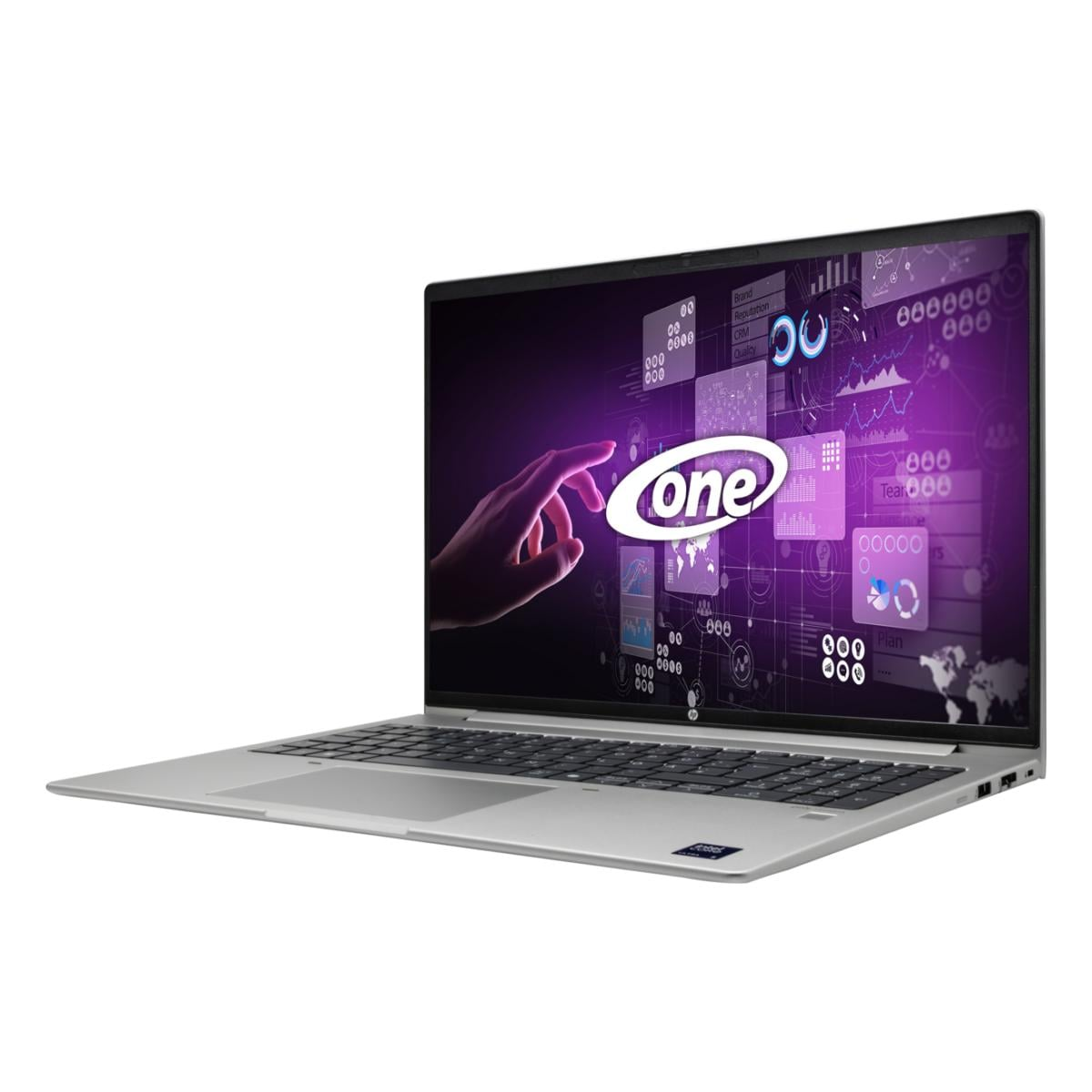 Ein Laptop mit einem dunklen Bildschirm, der ein Diagramm und das Logo 'one' zeigt.
