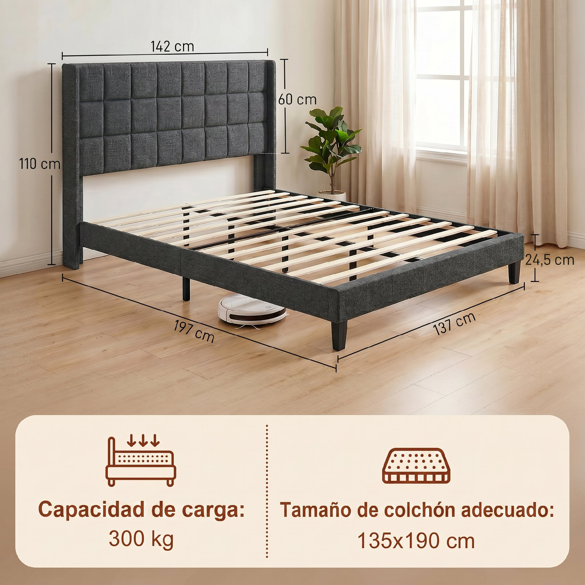 Estructura de cama de tela gris oscuro con cabecero acolchado. Se muestran las dimensiones.