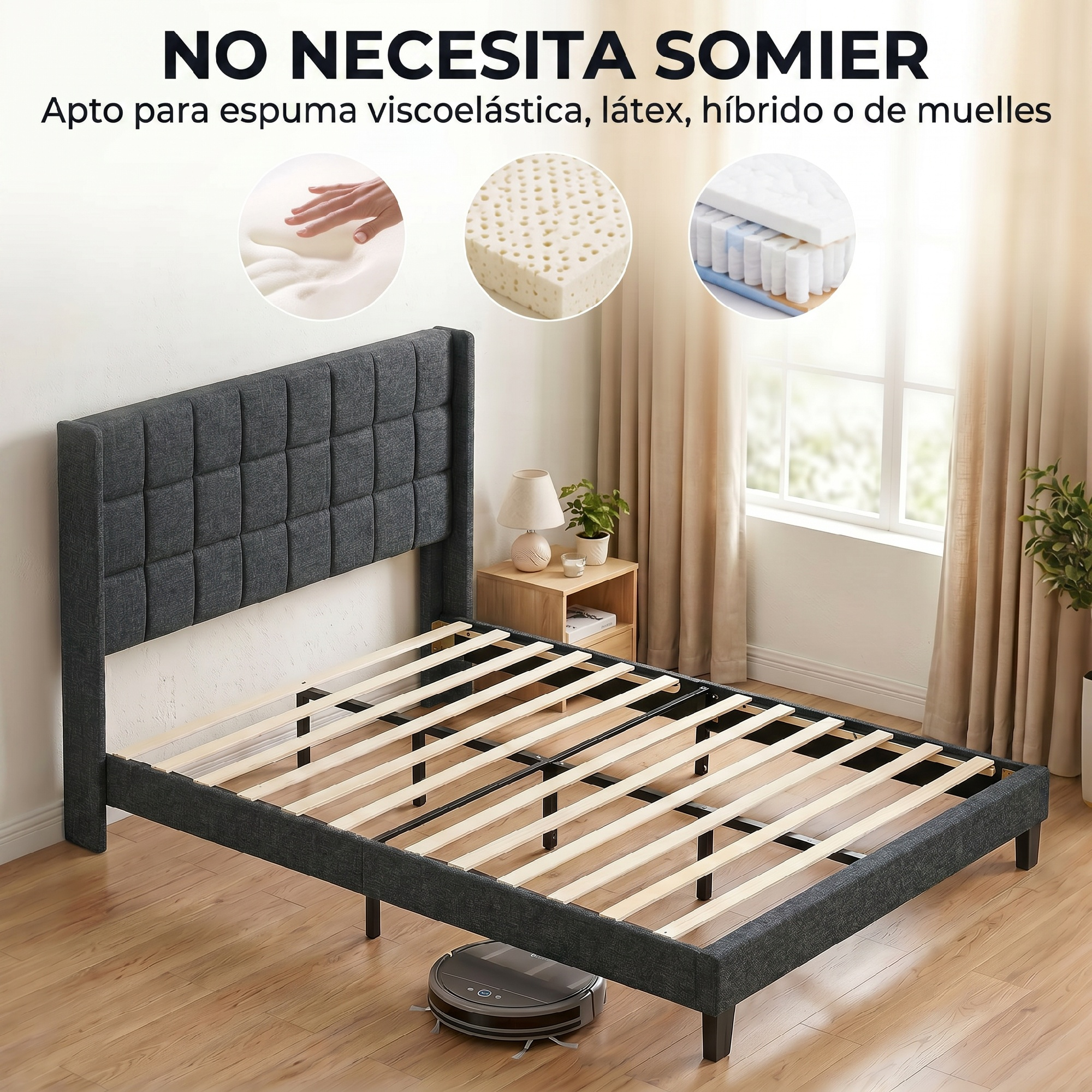 Estructura de cama tapizada gris oscuro con listones de madera. Tres círculos muestran tipos de colchón.