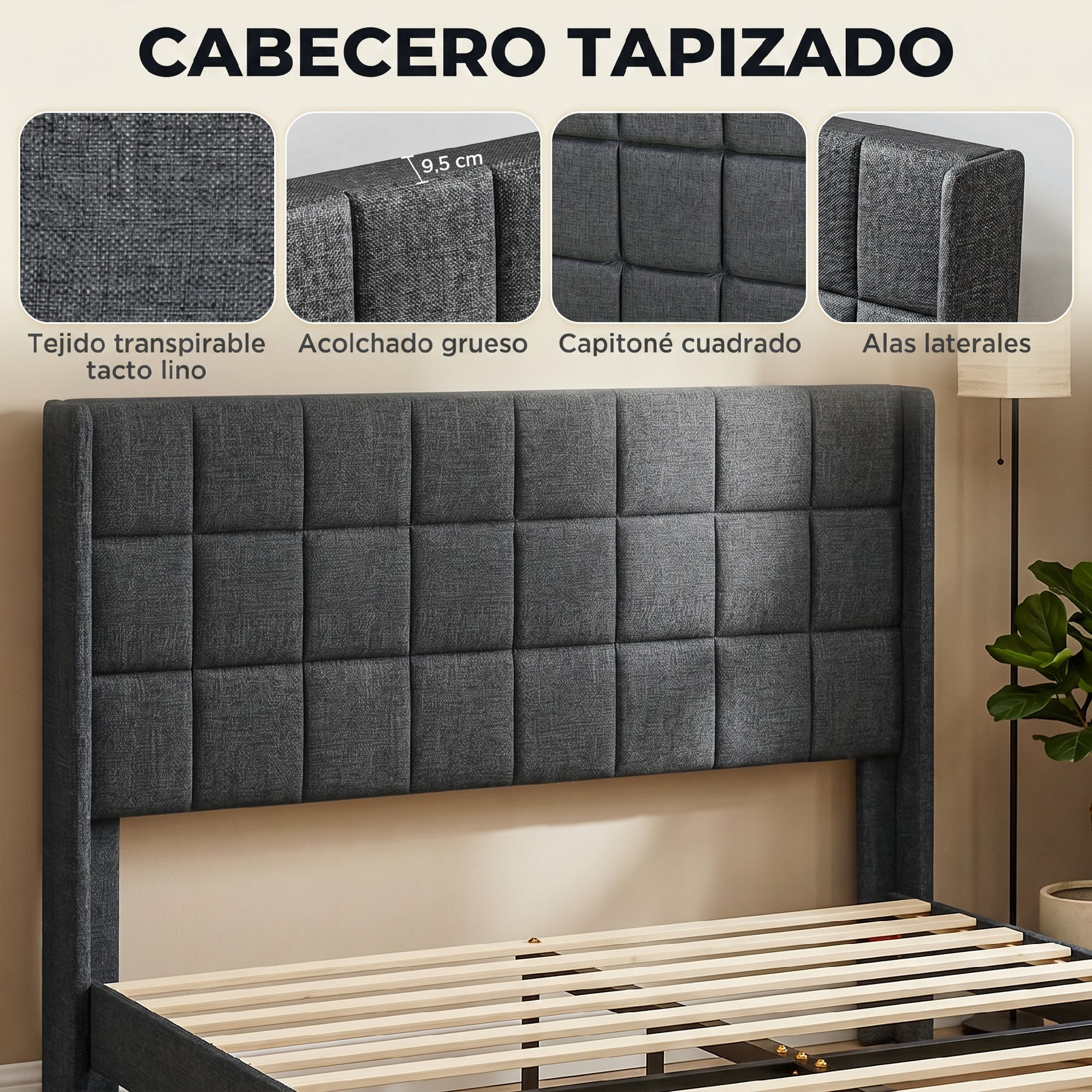 Cabecero de tela gris oscuro con capitoné cuadrado y alas laterales.
