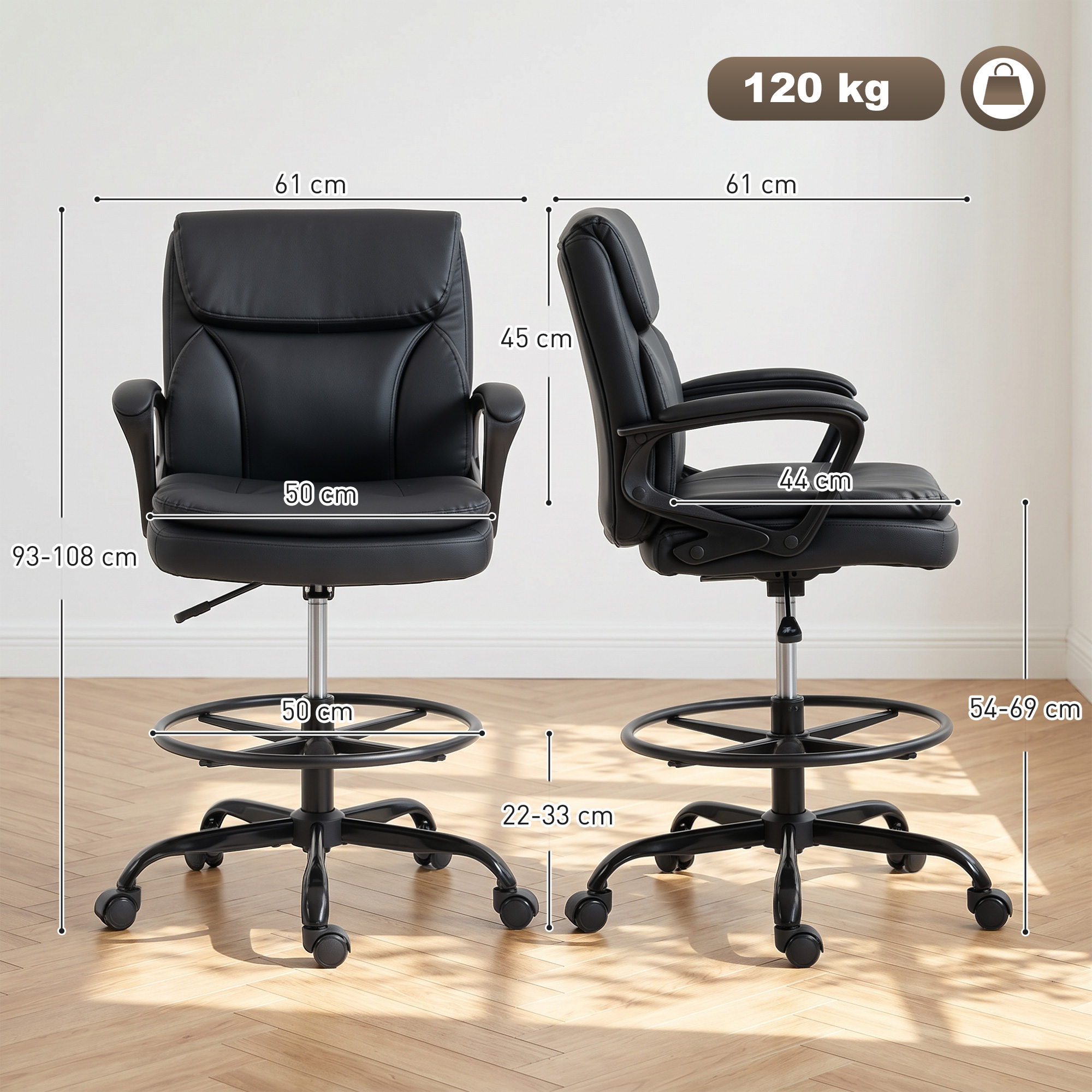 Silla de oficina negra con dimensiones y capacidad de 120 kg.