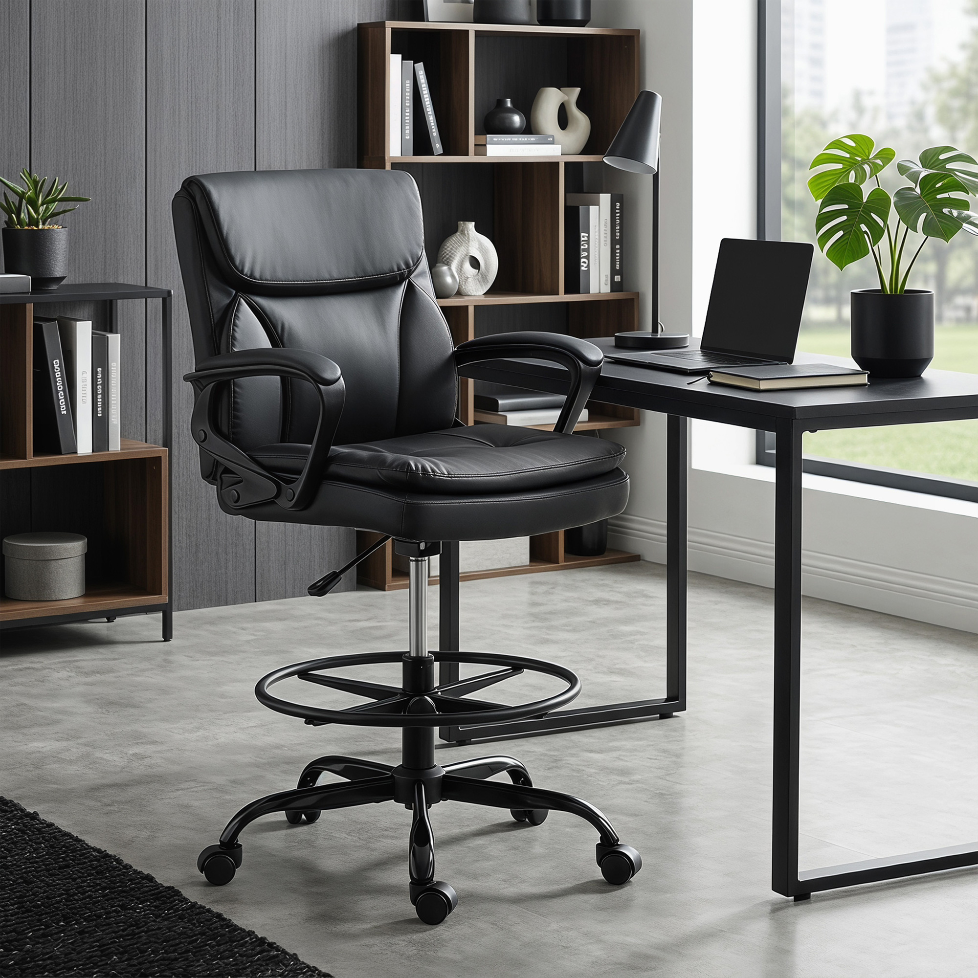 Una silla de oficina negra con reposapiés delante de un escritorio con portátil.