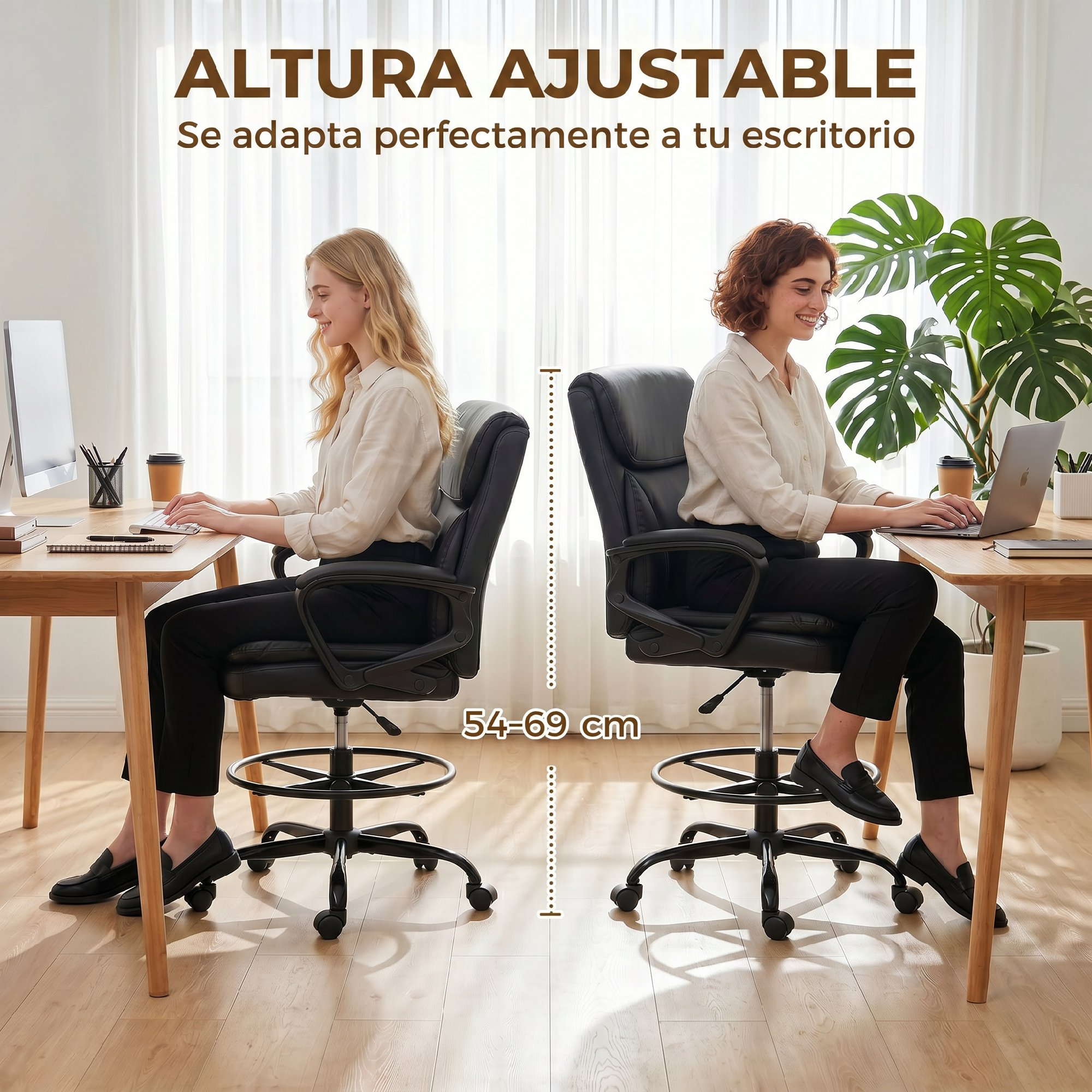 Dos mujeres sentadas en escritorios trabajando. Se muestran sillas de altura ajustable.