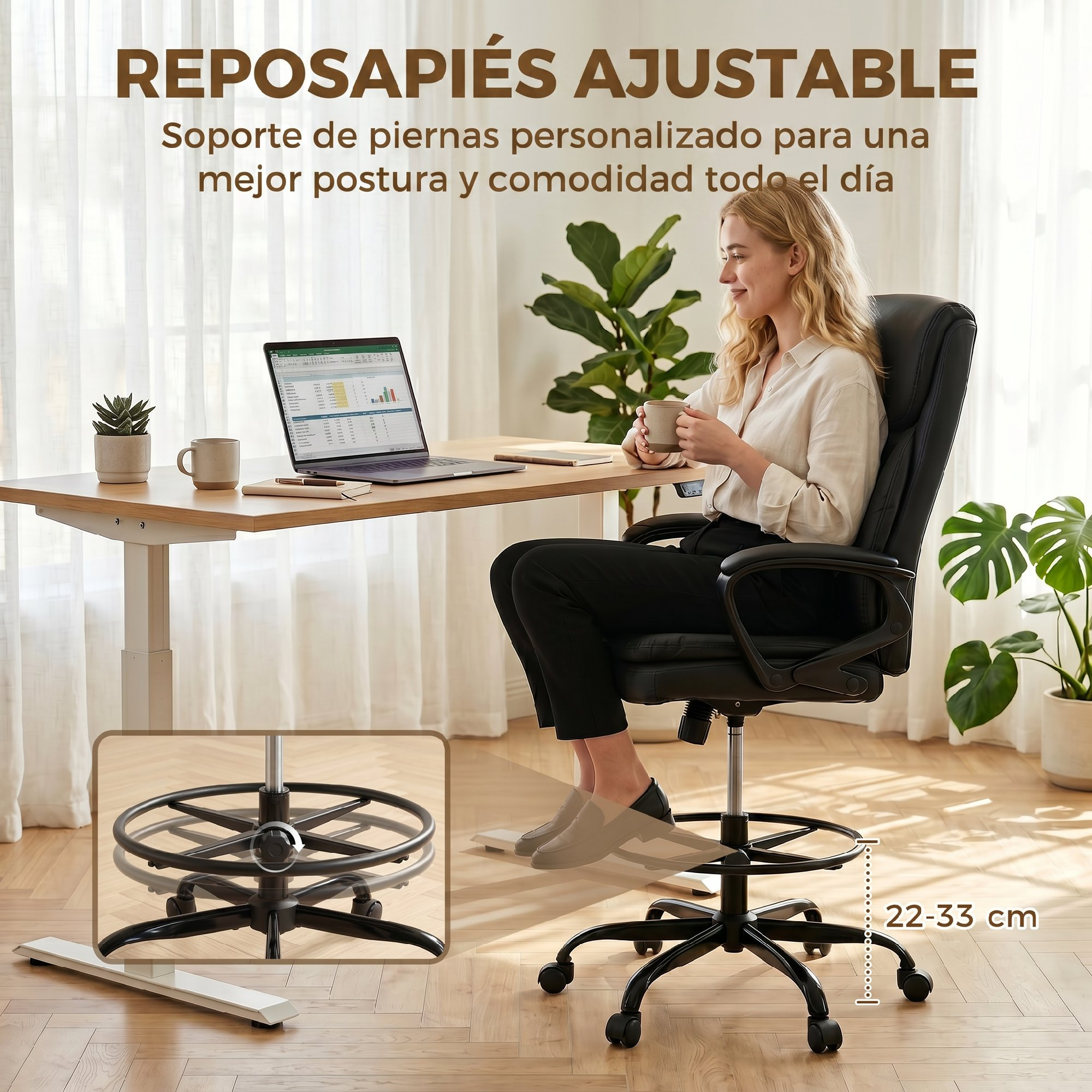Mujer sentada en escritorio con reposapiés ajustable. Se muestra altura 22-33 cm.
