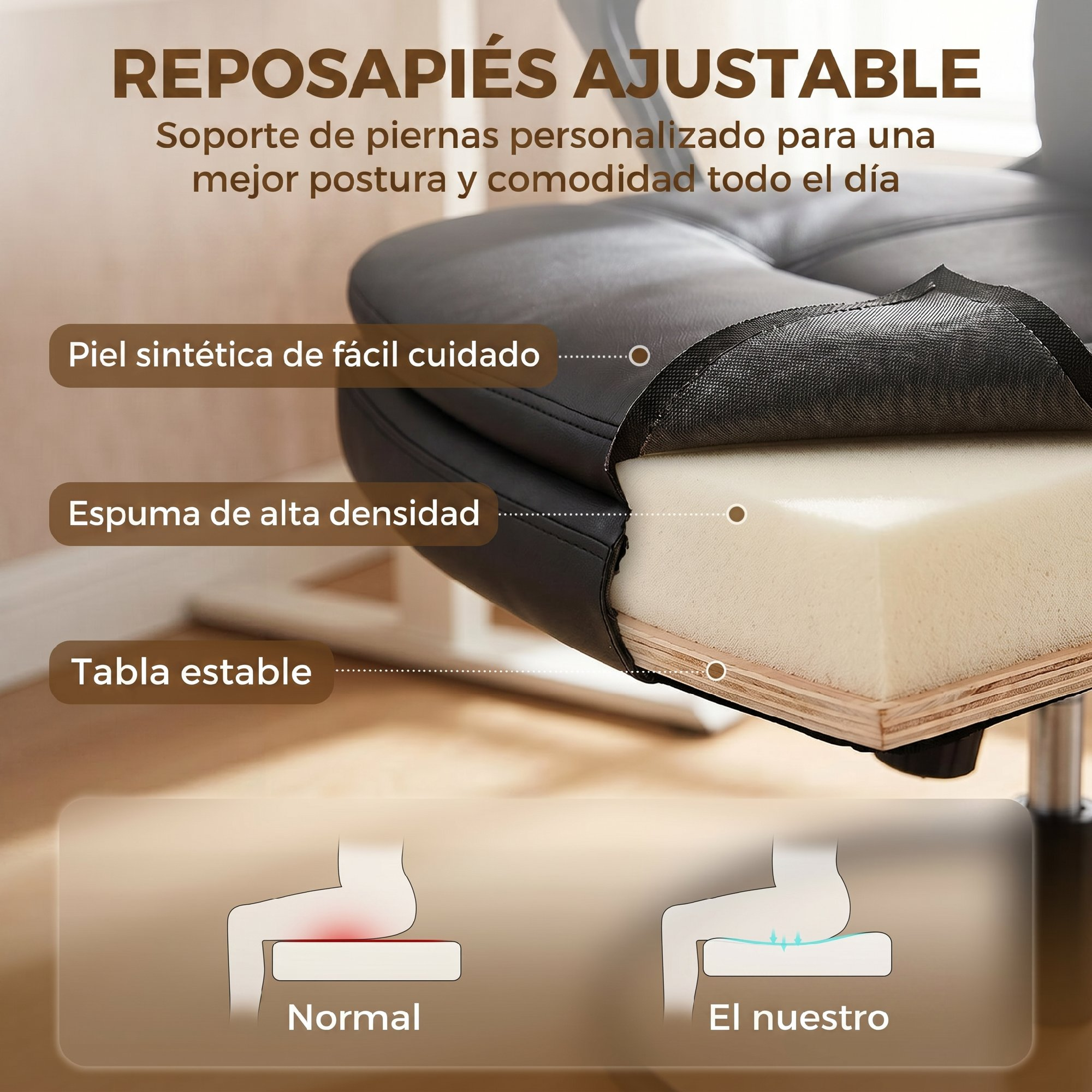 Reposapiés ajustable con espuma y piel sintética. Comparación normal vs. nuestro.