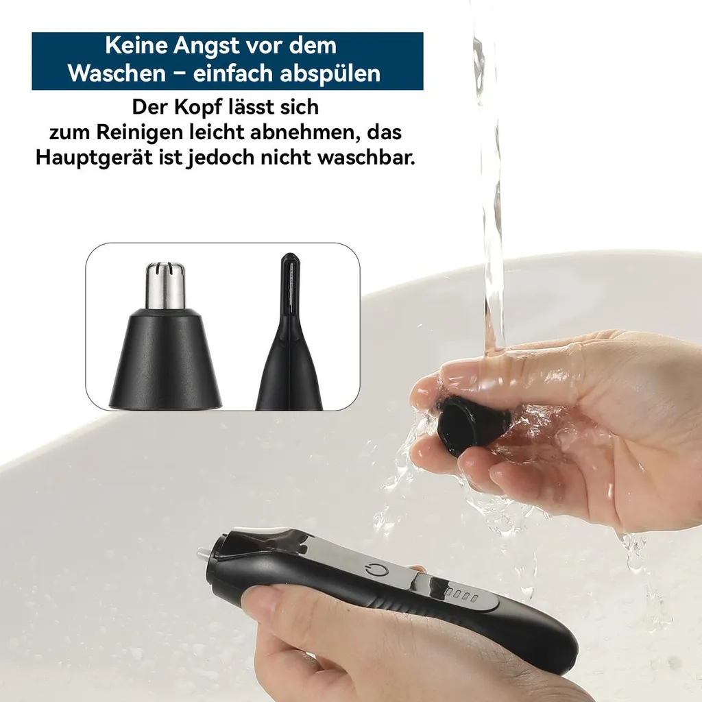 Ein schwarzer Nasenhaartrimmer wird unter fließendem Wasser gereinigt.