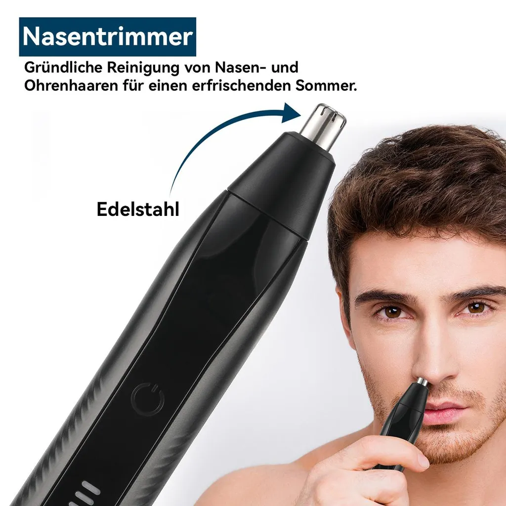 Mann benutzt einen Nasentrimmer aus Edelstahl, der nah am Gesicht gezeigt wird.