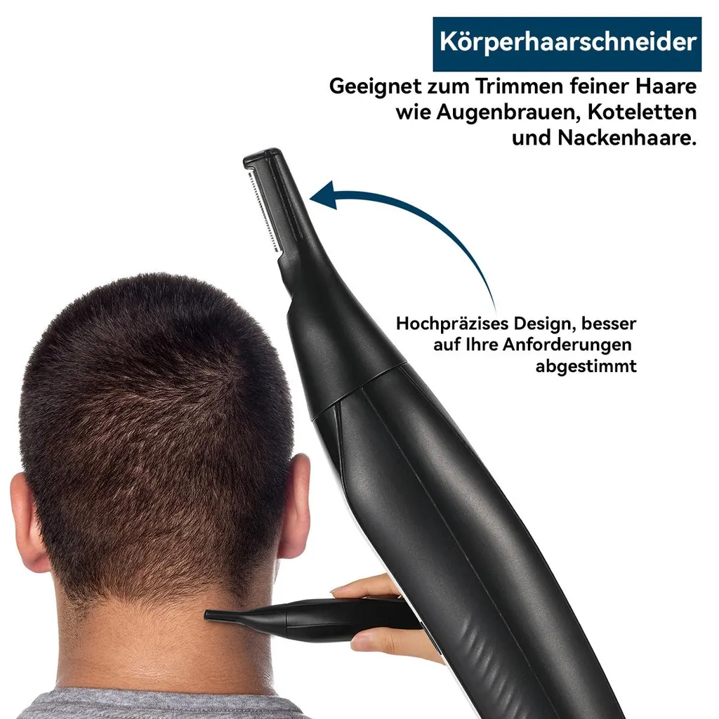 Ein schwarzer Körperhaarschneider wird am Nacken eines Mannes verwendet.