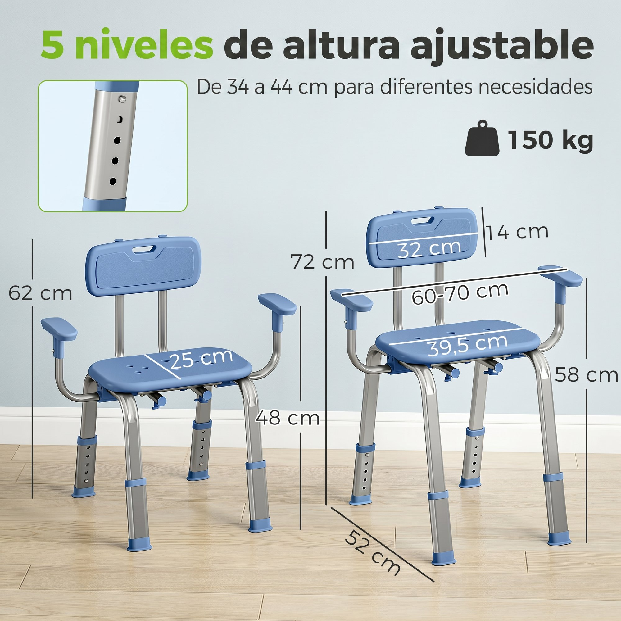 Dos sillas de ducha azules con patas y reposabrazos ajustables, se muestran las medidas.