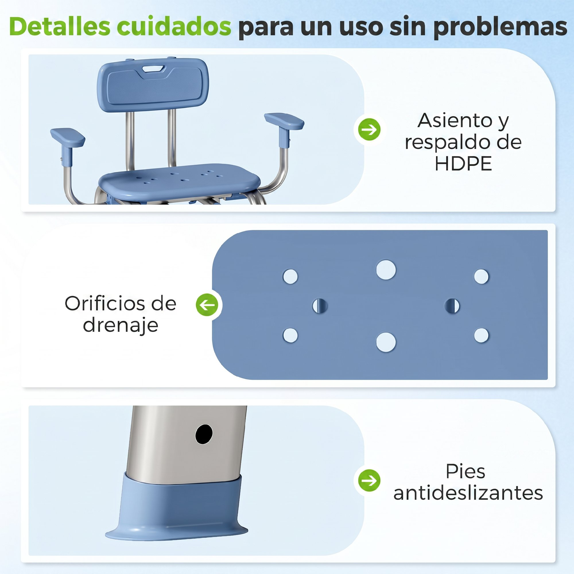 Un asiento de ducha azul con reposabrazos, orificios de drenaje y pies antideslizantes.