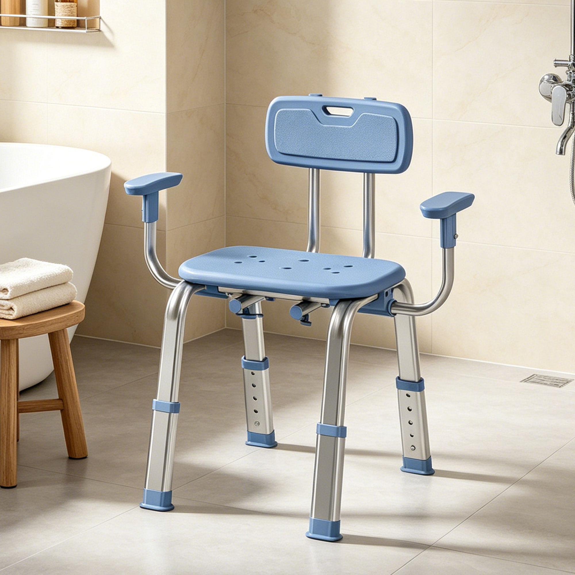 Una silla de ducha azul con patas y reposabrazos ajustables está en un baño.