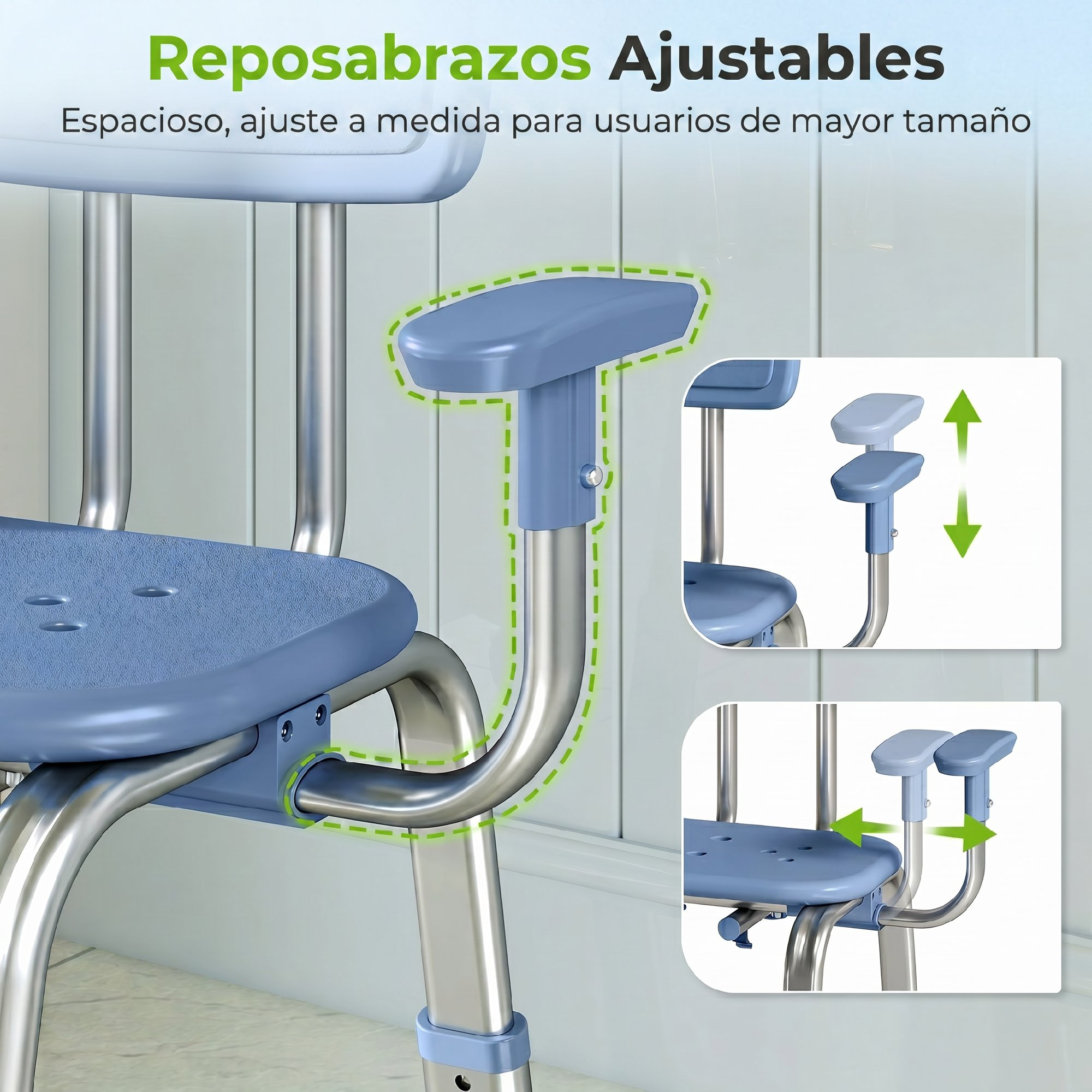 Silla de ducha azul con reposabrazos ajustables y marco de metal plateado.