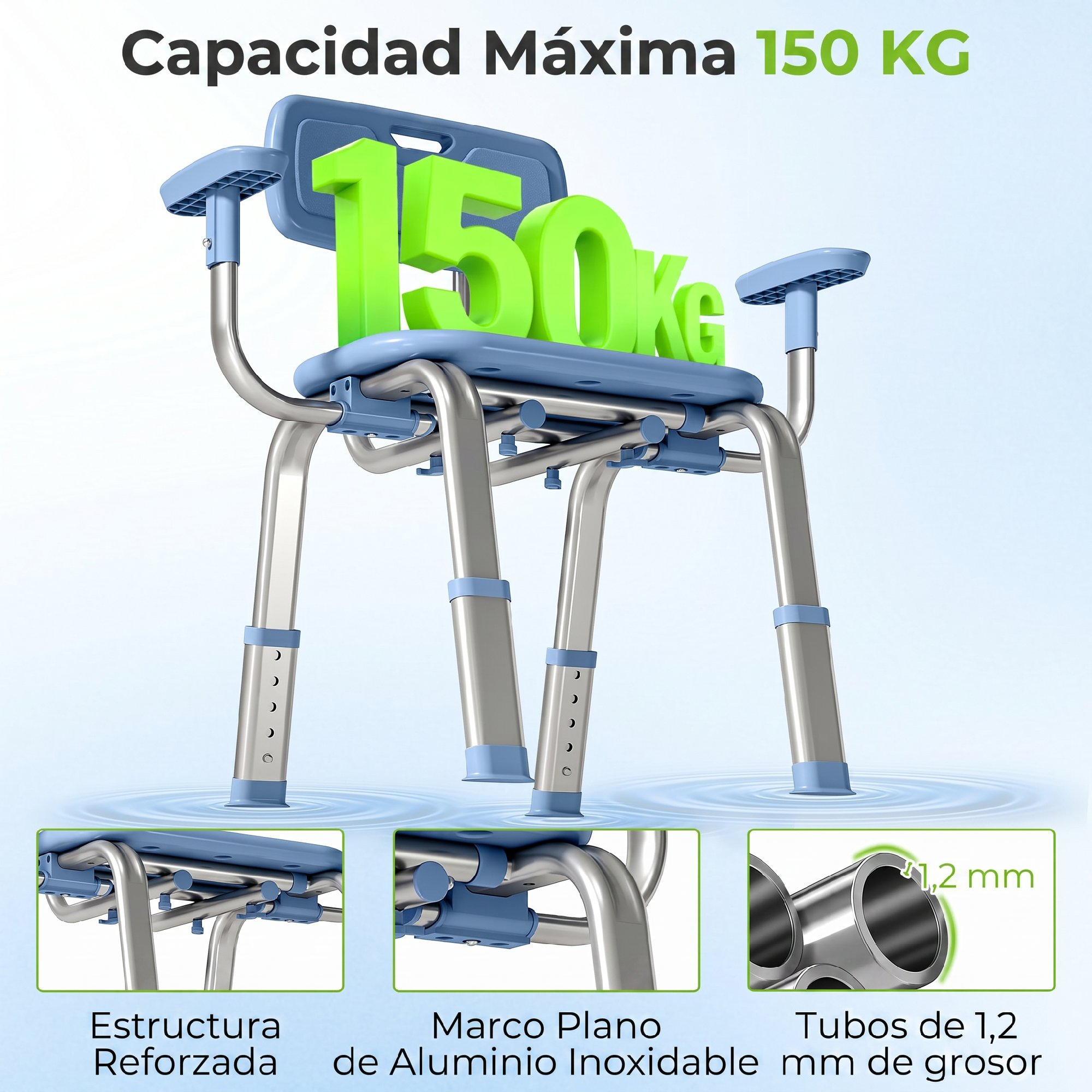 Silla de ducha azul con patas y reposabrazos plateados, capacidad 150kg.