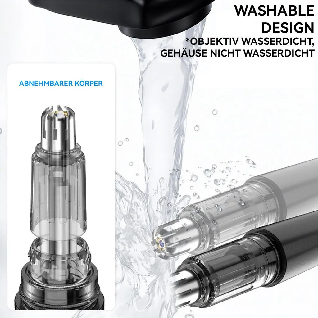 Ein transparenter Nasentrimmer-Aufsatz wird unter fließendem Wasser gereinigt.
