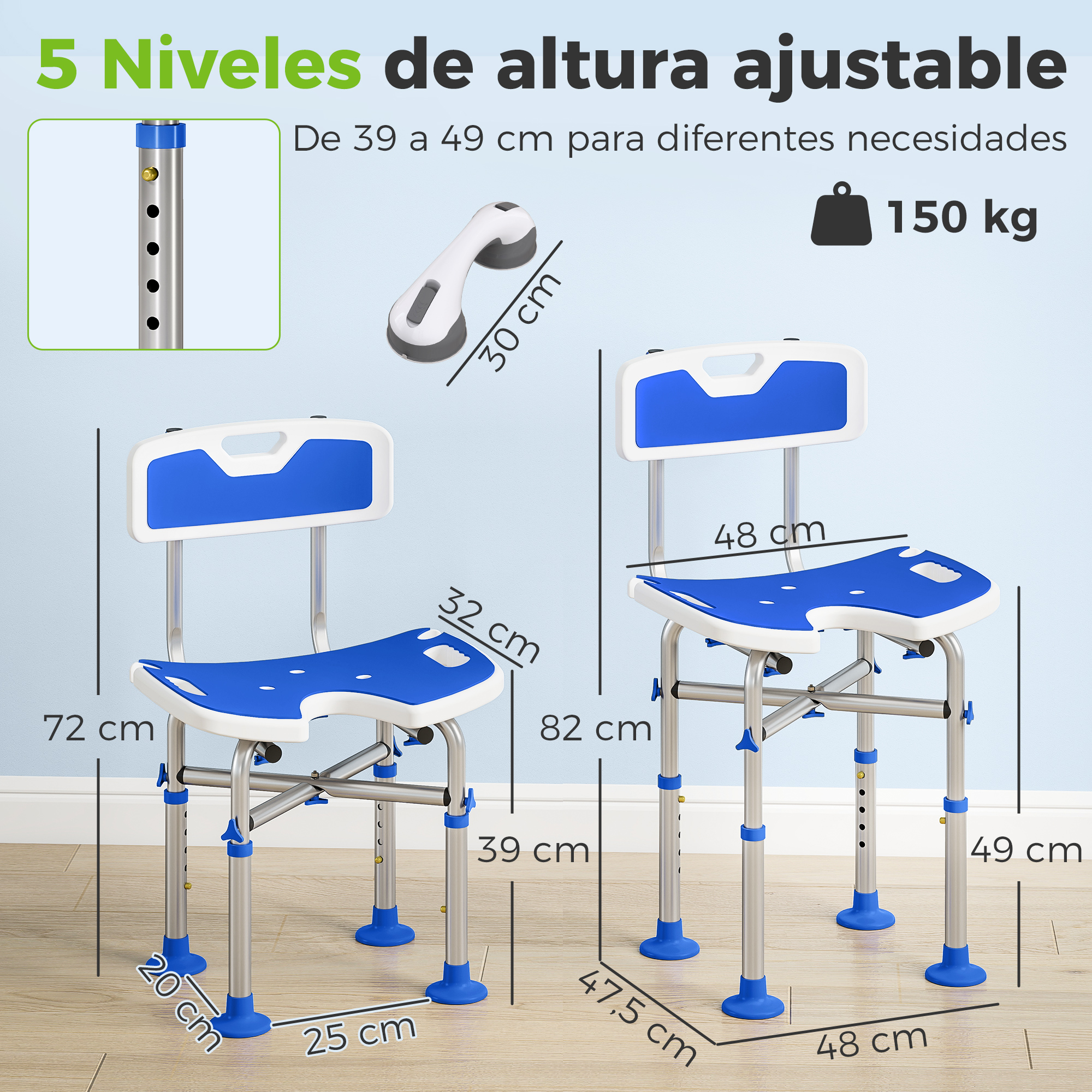 Dos sillas de ducha ajustables con asientos y respaldos azules, se muestran las dimensiones.