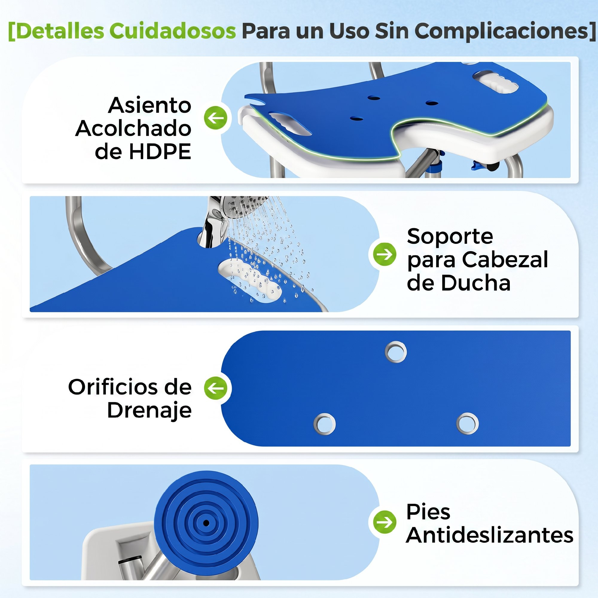 Una silla de ducha azul con asiento acolchado, soporte para alcachofa, orificios de drenaje y pies antideslizantes.