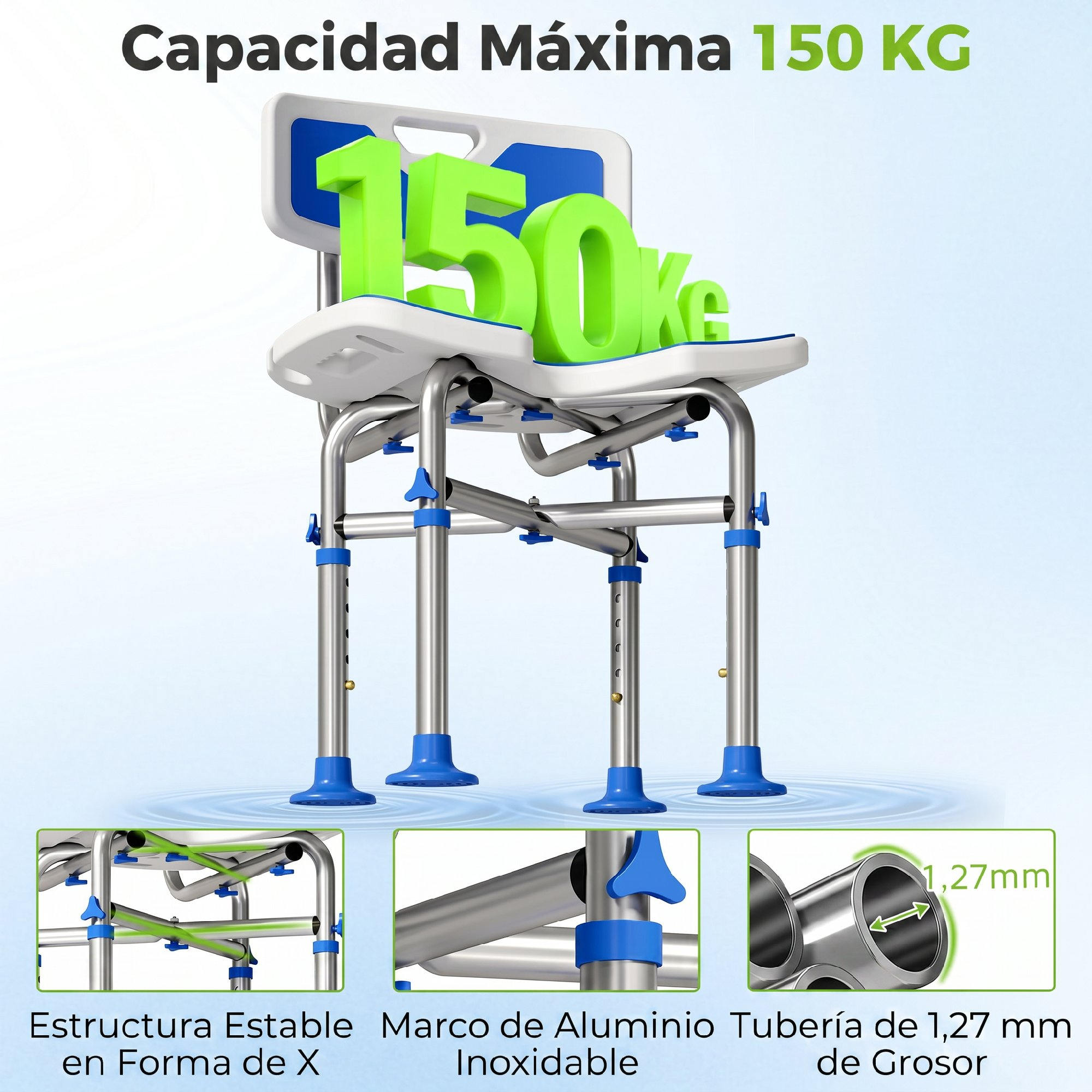 Silla de ducha con capacidad máxima de 150 kg, estructura X estable, aluminio.