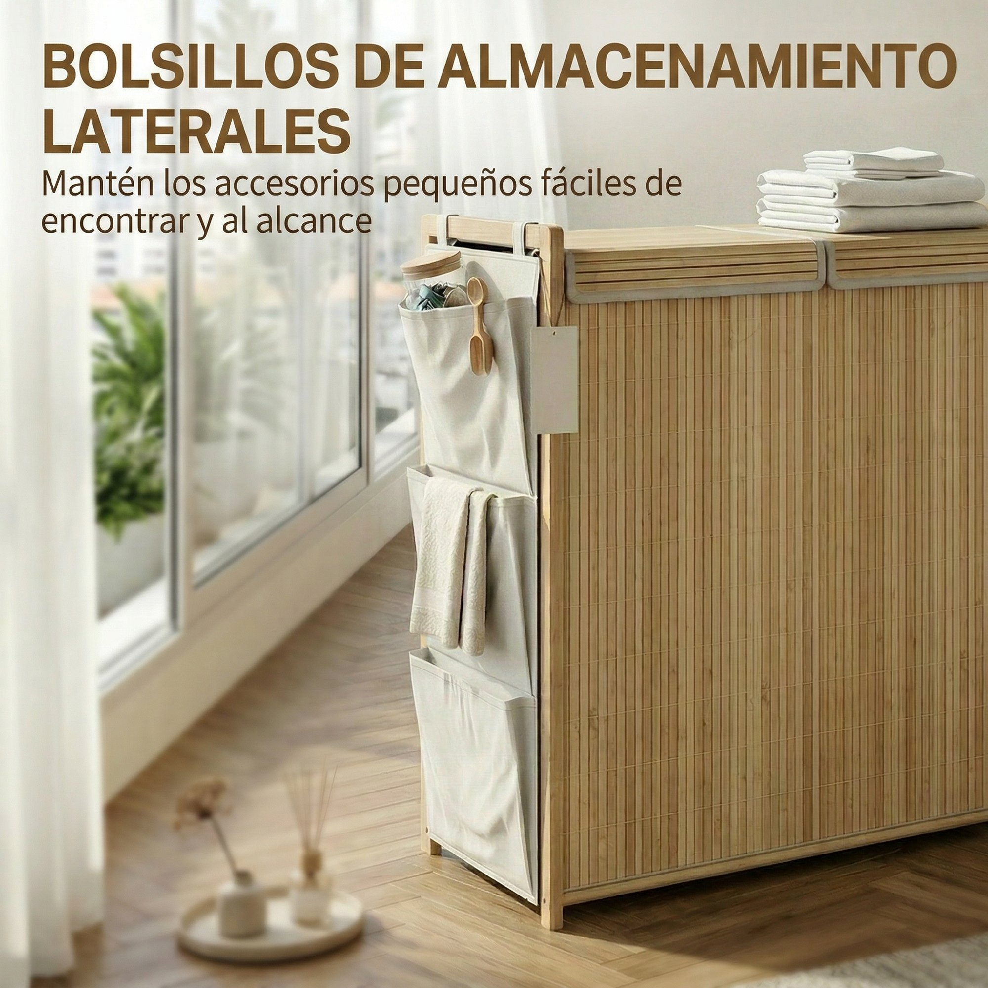 Unidad de almacenamiento de bambú con bolsillos laterales de tela y toallas dobladas.