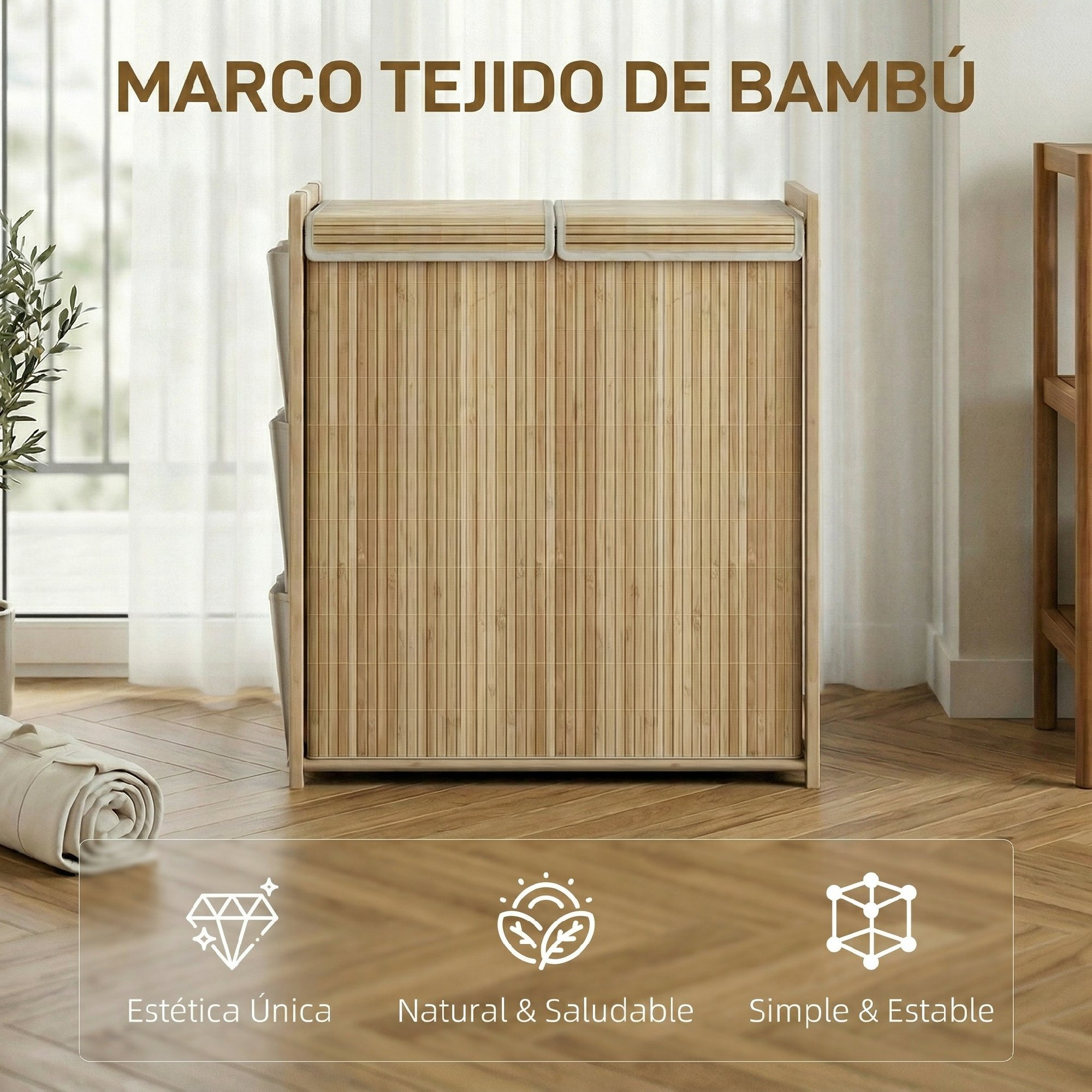 Una cesta de bambú con dos tapas está sobre un suelo de madera.